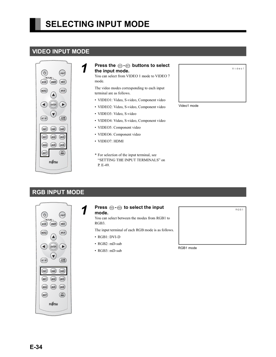 Fujitsu LPF-QSD1W Selecting Input Mode, Video Input Mode, RGB Input Mode, Press the buttons to select the input mode 