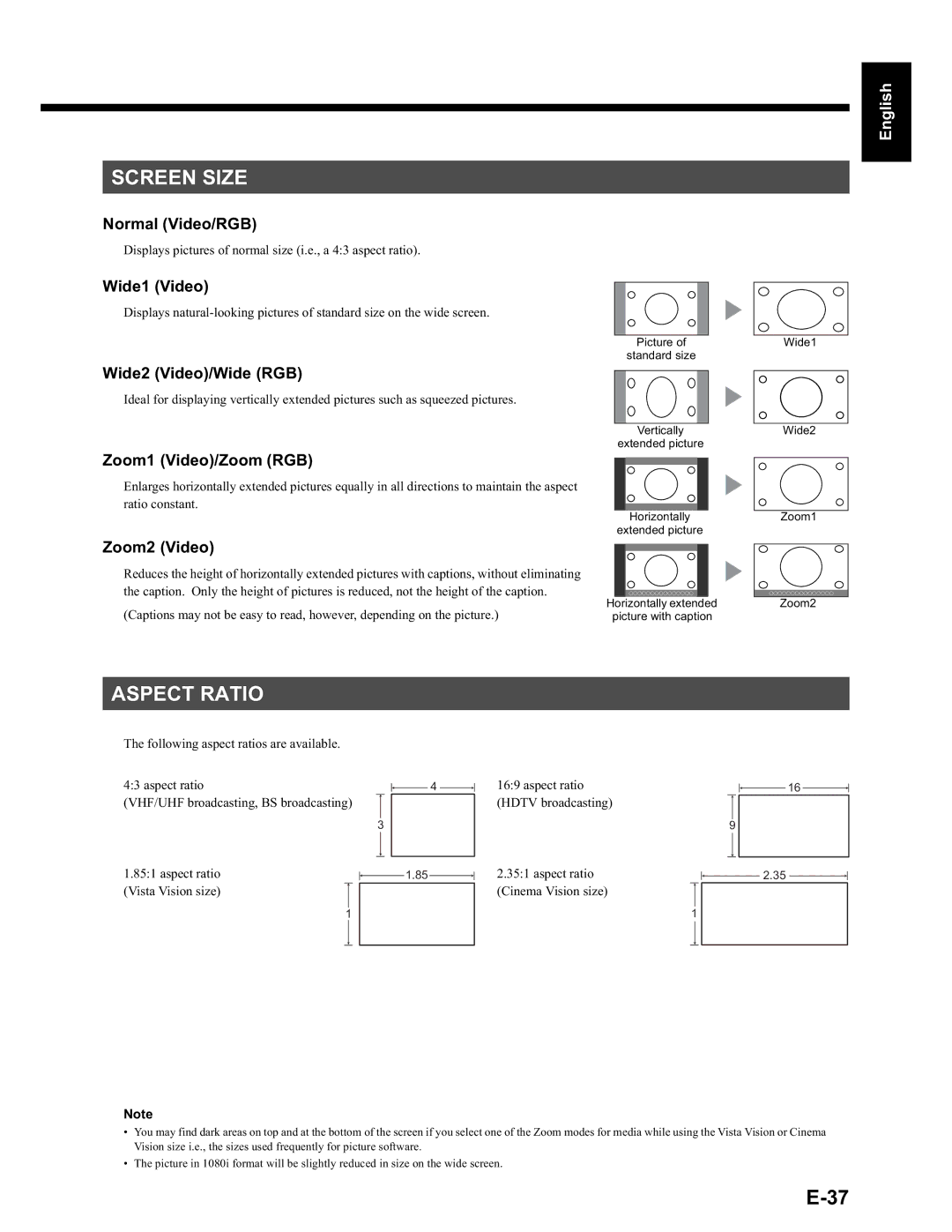 Fujitsu LPF-QSD1W user manual Screen Size, Aspect Ratio 