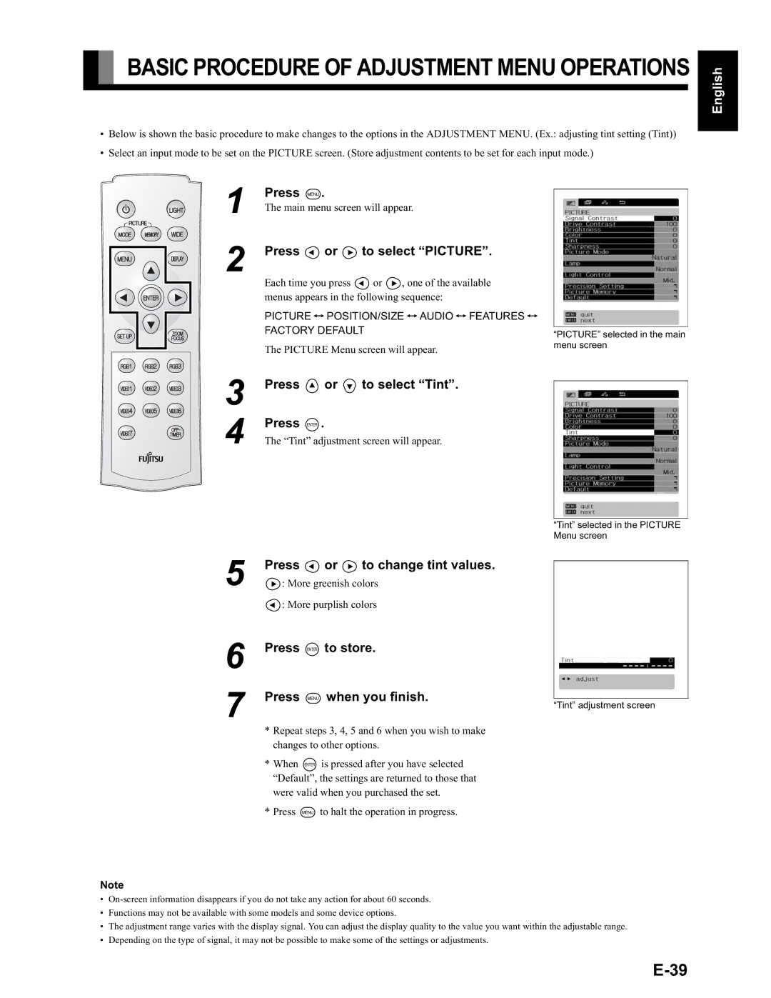 Fujitsu LPF-QSD1W Press E or F to select Picture, Press C or D to select Tint, Press E or F to change tint values 