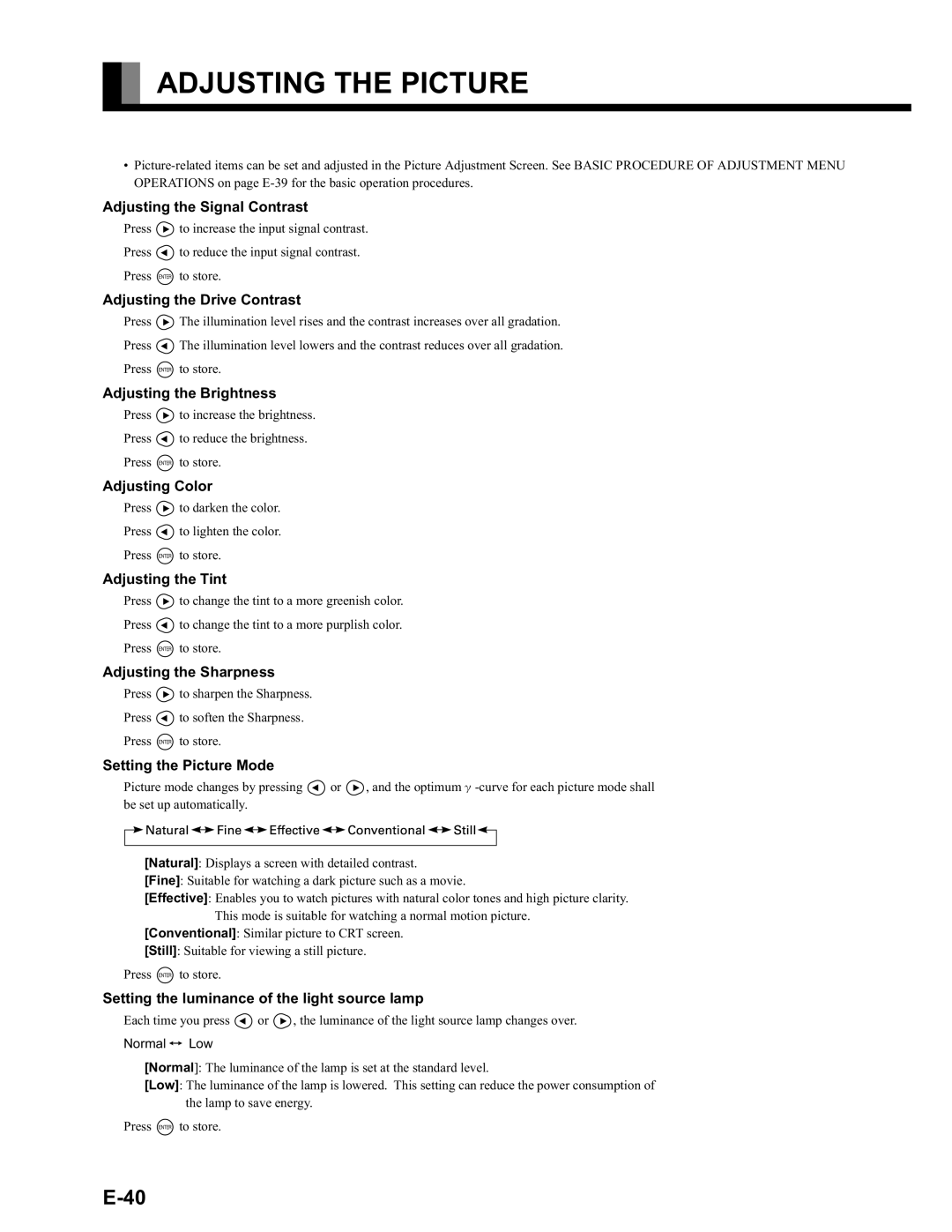 Fujitsu LPF-QSD1W user manual Adjusting the Picture 