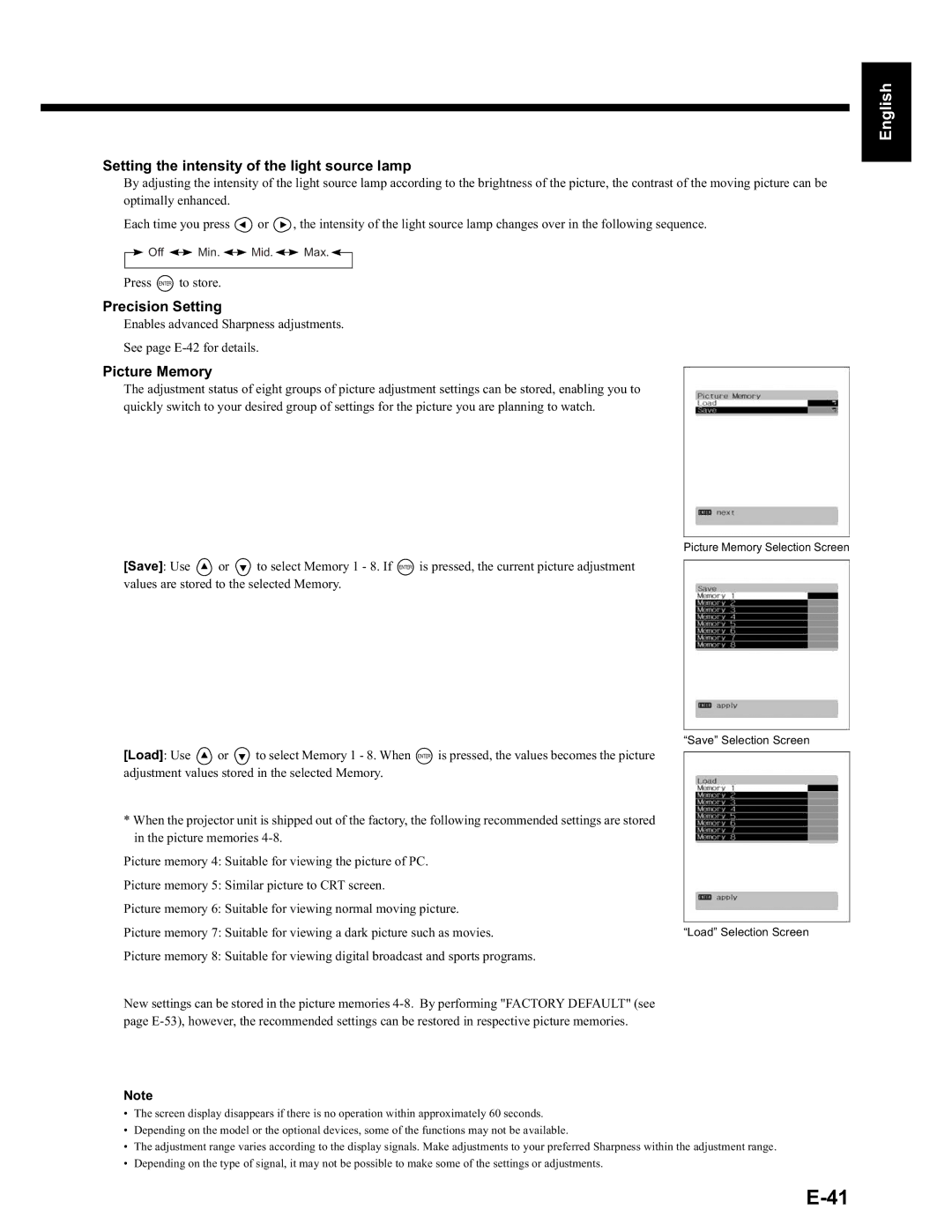 Fujitsu LPF-QSD1W user manual Setting the intensity of the light source lamp, Precision Setting, Picture Memory 