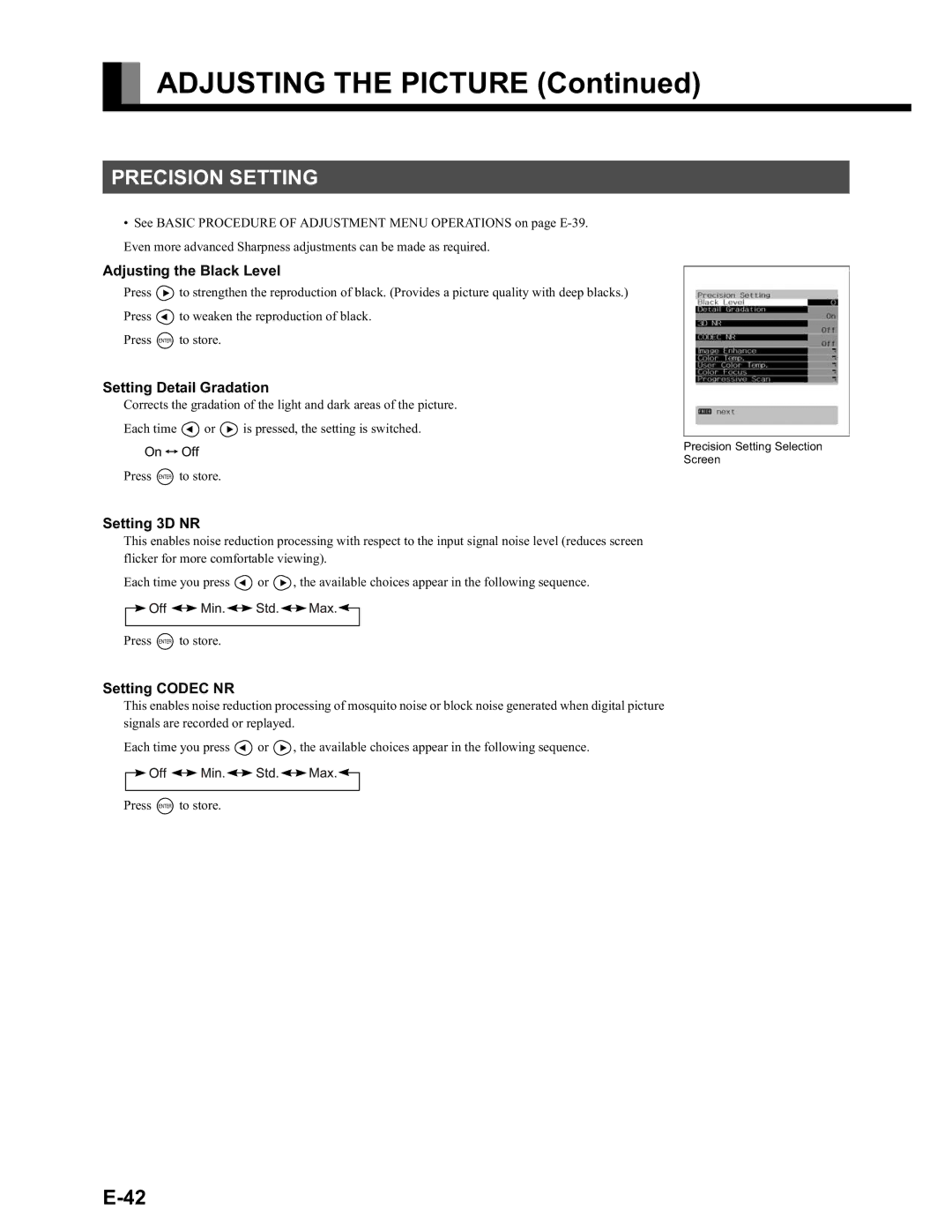 Fujitsu LPF-QSD1W user manual Adjusting the Picture, Precision Setting 