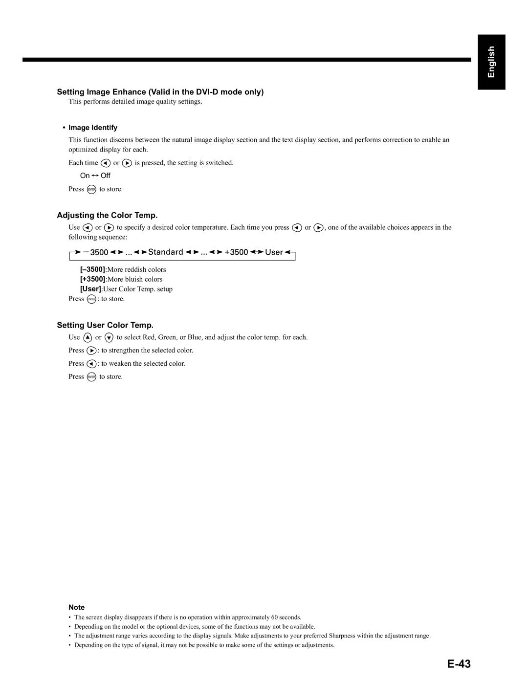 Fujitsu LPF-QSD1W Setting Image Enhance Valid in the DVI-D mode only, Adjusting the Color Temp, Setting User Color Temp 