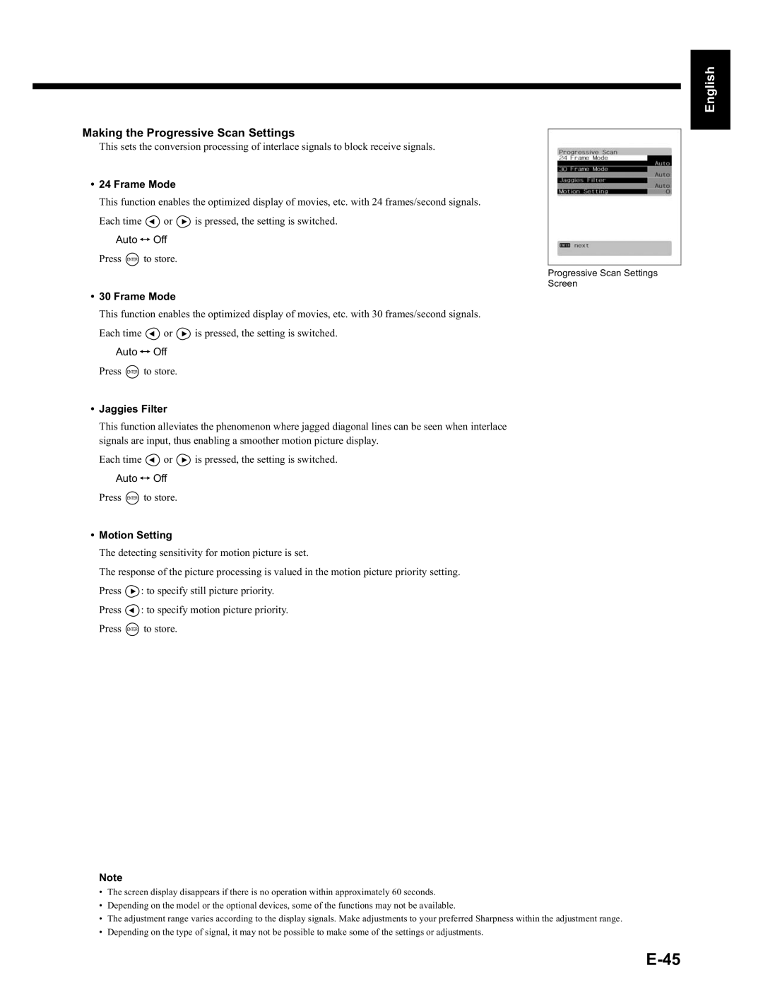 Fujitsu LPF-QSD1W user manual Making the Progressive Scan Settings, Frame Mode, Jaggies Filter, Motion Setting 