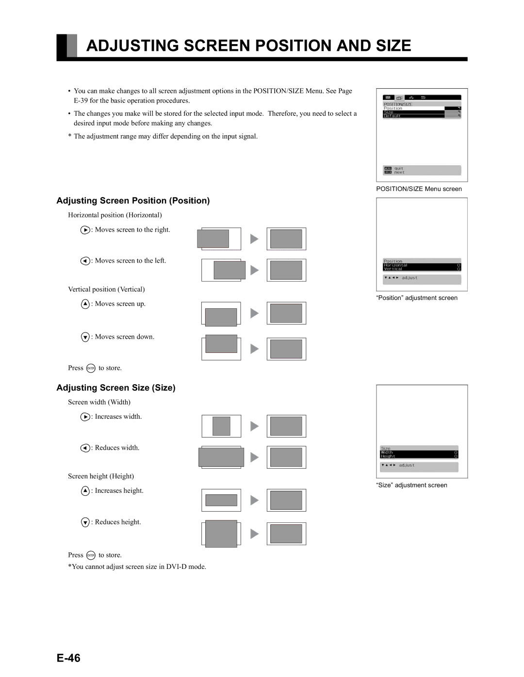 Fujitsu LPF-QSD1W Adjusting Screen Position and Size, Adjusting Screen Position Position, Adjusting Screen Size Size 