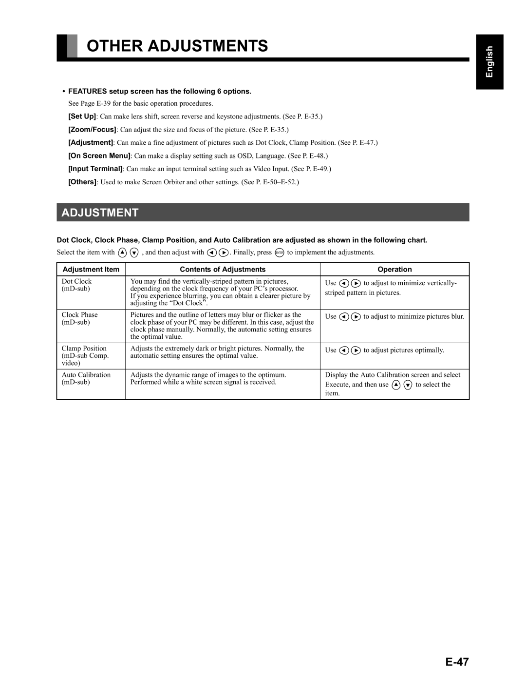 Fujitsu LPF-QSD1W user manual Other Adjustments, Features setup screen has the following 6 options 