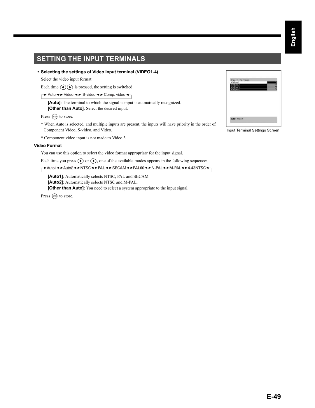 Fujitsu LPF-QSD1W Setting the Input Terminals, Selecting the settings of Video Input terminal VIDEO1-4, Video Format 