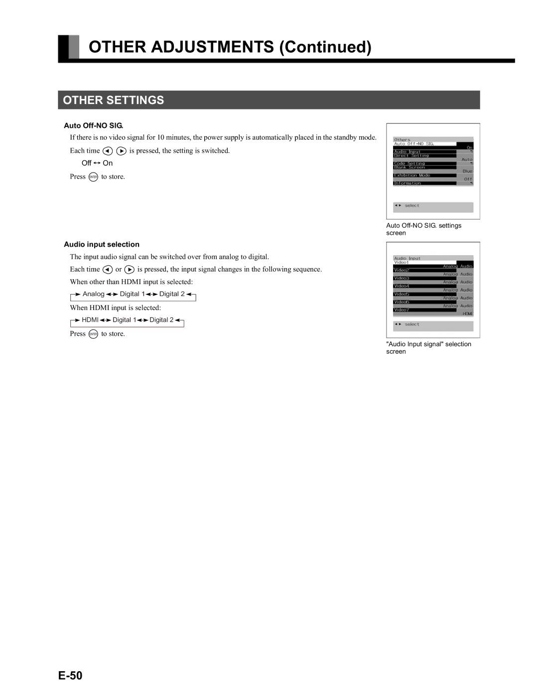 Fujitsu LPF-QSD1W user manual Other Settings, Auto Off-NO SIG, Audio input selection 