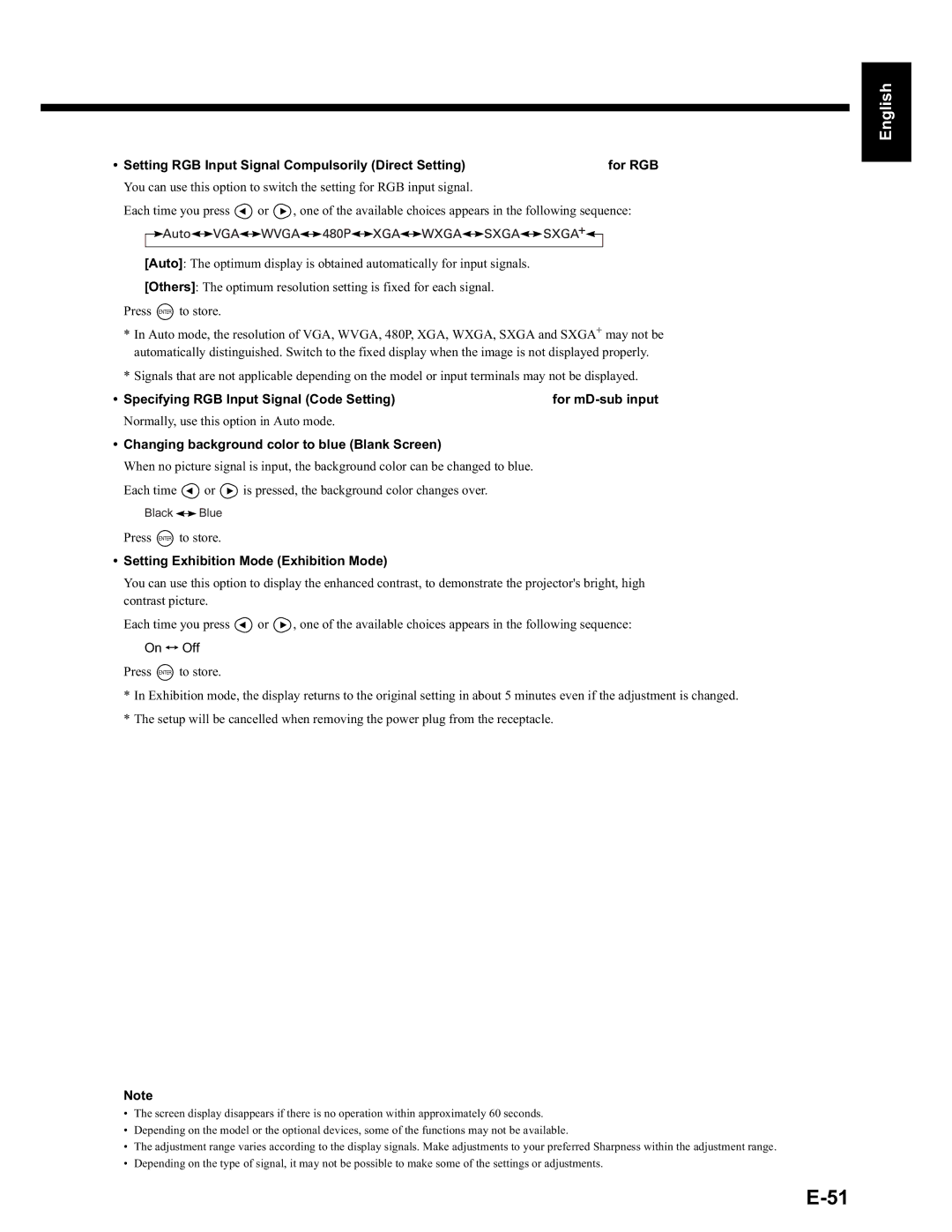 Fujitsu LPF-QSD1W user manual Specifying RGB Input Signal Code Setting, Changing background color to blue Blank Screen 