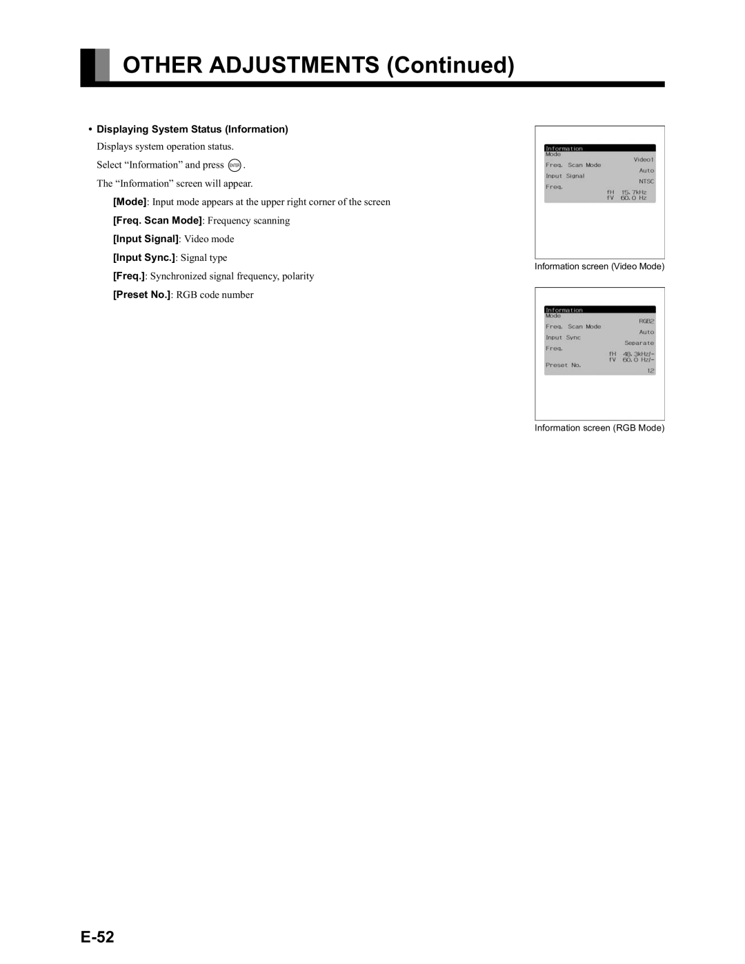 Fujitsu LPF-QSD1W user manual Displaying System Status Information, Input Signal Video mode Input Sync. Signal type 