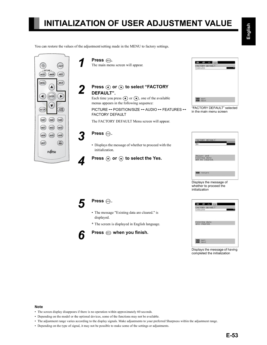 Fujitsu LPF-QSD1W Initialization of User Adjustment Value, Press E or F to select Factory, Press C or D to select the Yes 