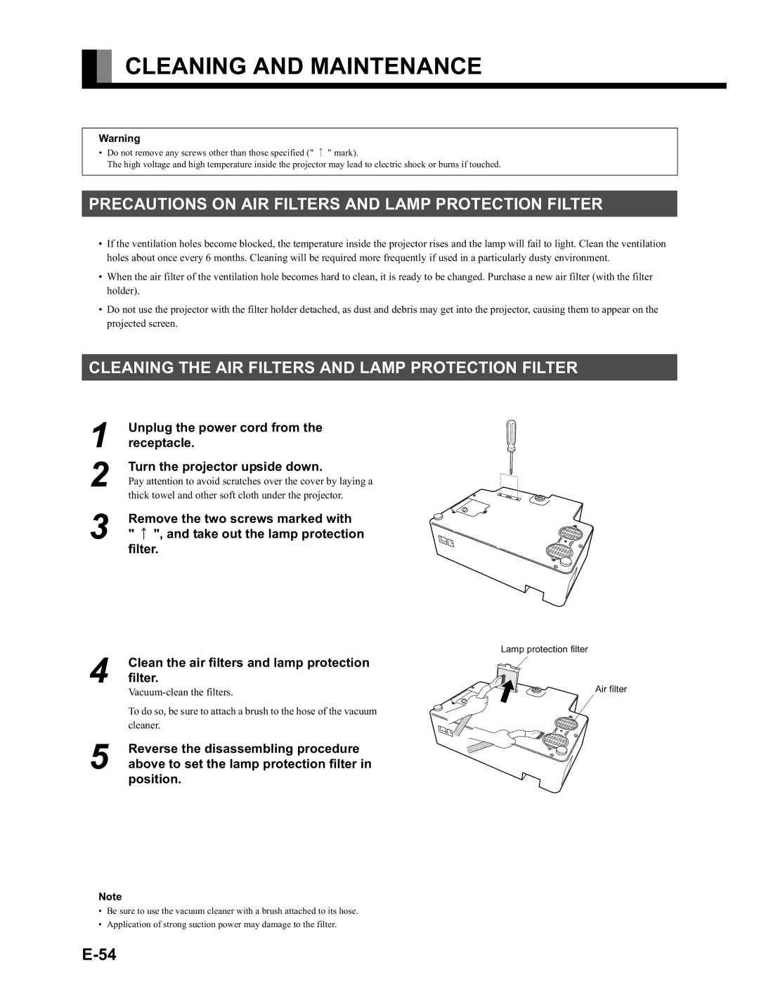 Fujitsu LPF-QSD1W user manual Cleaning and Maintenance, Precautions on AIR Filters and Lamp Protection Filter 