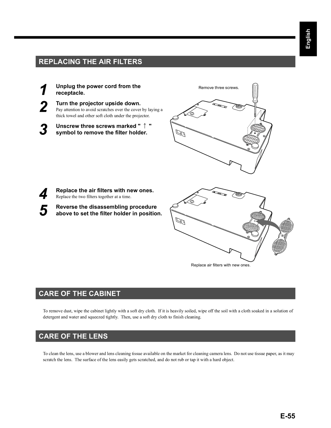 Fujitsu LPF-QSD1W user manual Replacing the AIR Filters, Care of the Cabinet, Care of the Lens 