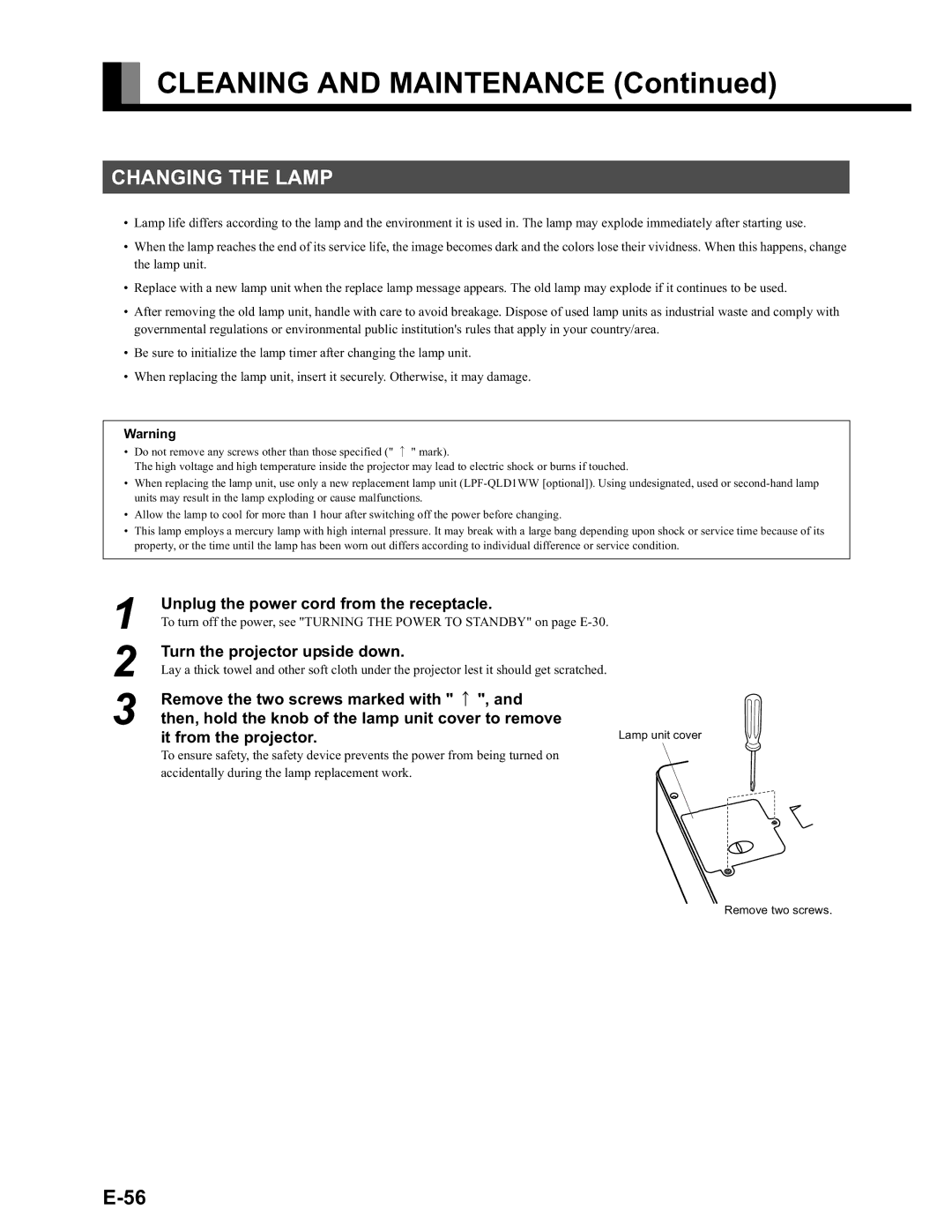 Fujitsu LPF-QSD1W user manual Cleaning and Maintenance, Changing the Lamp, Unplug the power cord from the receptacle 