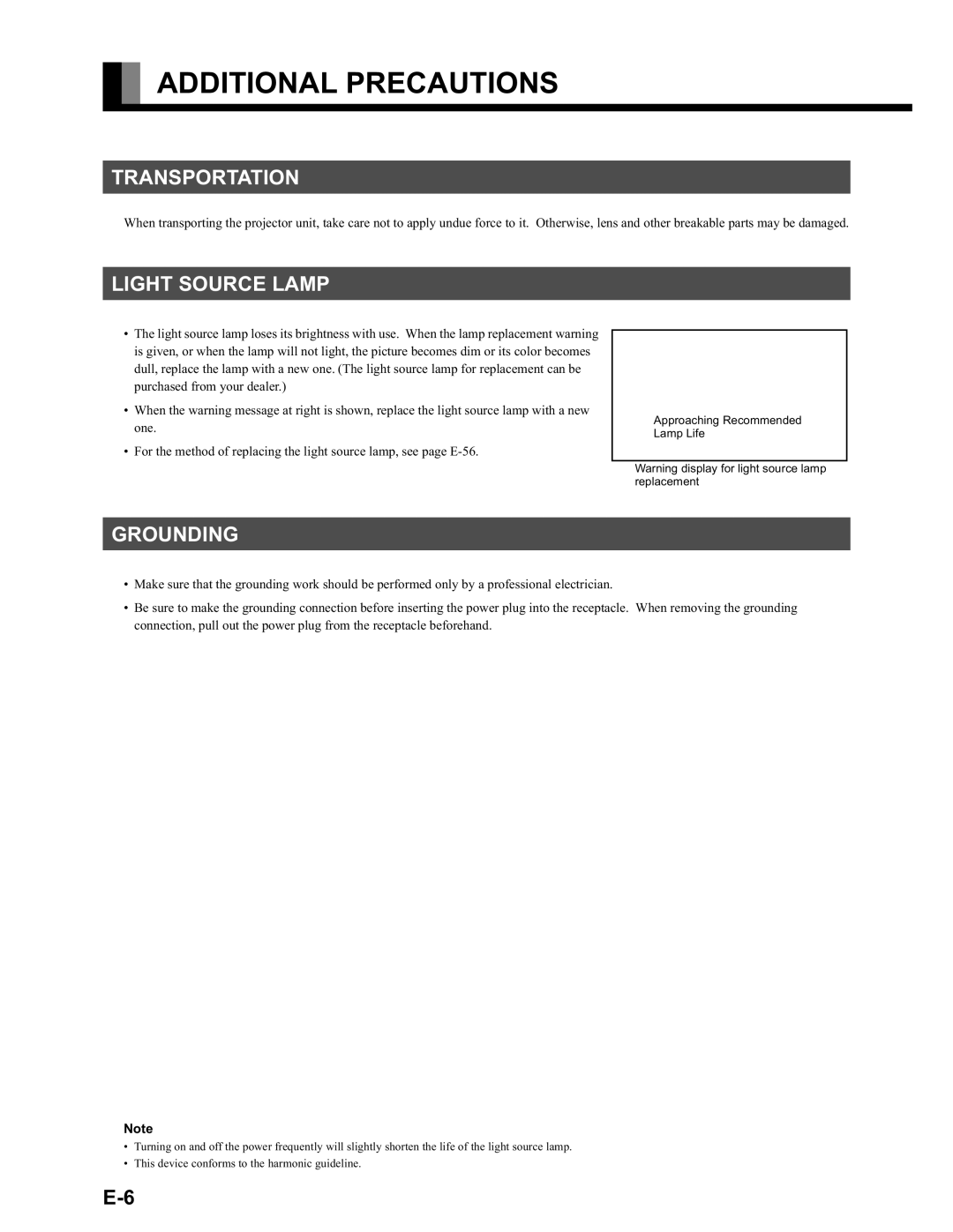 Fujitsu LPF-QSD1W user manual Additional Precautions, Transportation, Light Source Lamp, Grounding 