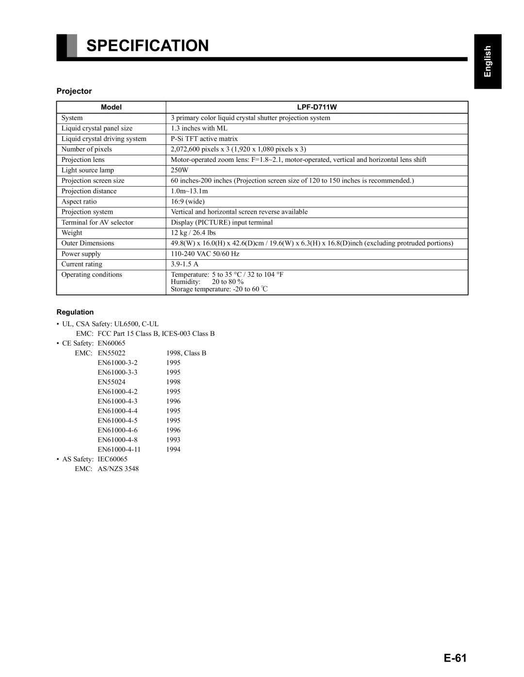 Fujitsu LPF-QSD1W user manual Specification, Projector, Model, Regulation 