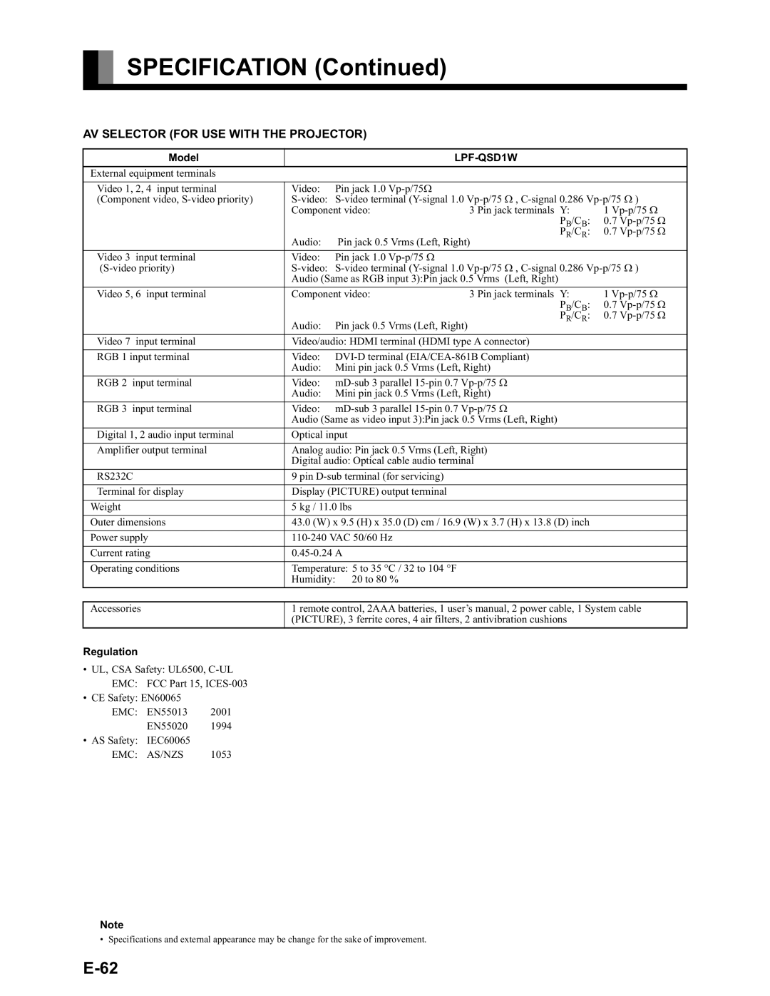 Fujitsu LPF-QSD1W user manual Specification, AV Selector for USE with the Projector 