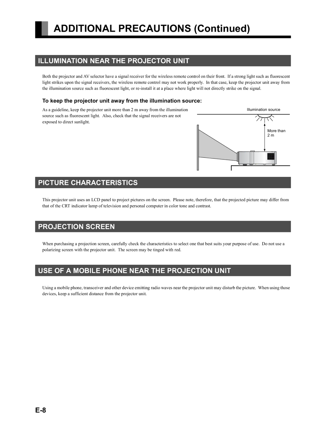 Fujitsu LPF-QSD1W Additional Precautions, Illumination Near the Projector Unit, Picture Characteristics, Projection Screen 