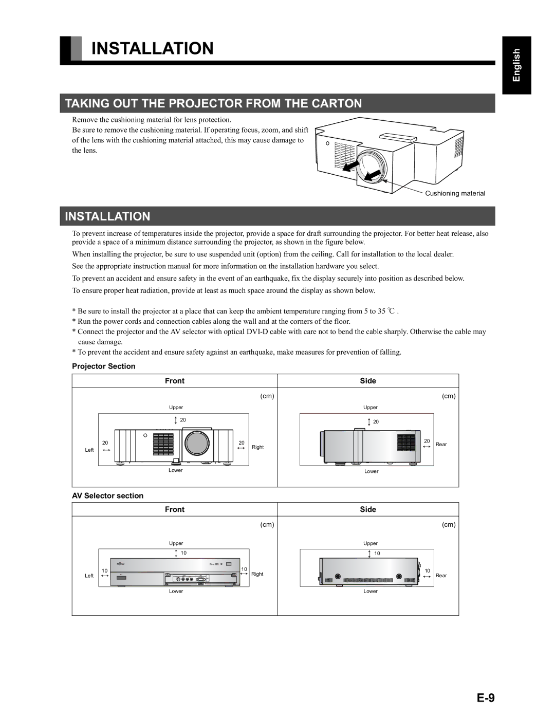 Fujitsu LPF-QSD1W user manual Installation, Taking OUT the Projector from the Carton, Projector Section Front Side 