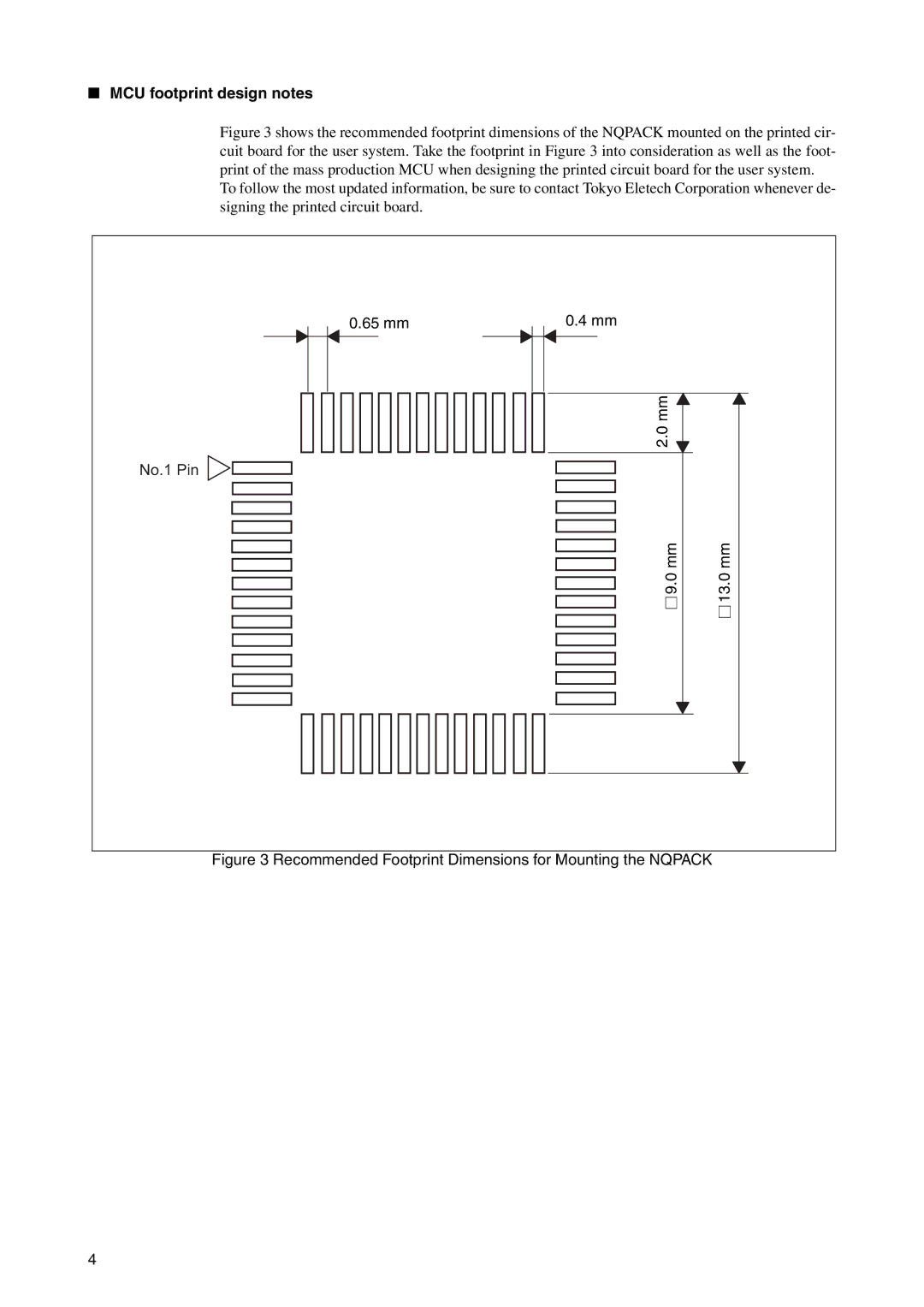 Fujitsu LQFP-52P operation manual MCU footprint design notes, Recommended Footprint Dimensions for Mounting the Nqpack 