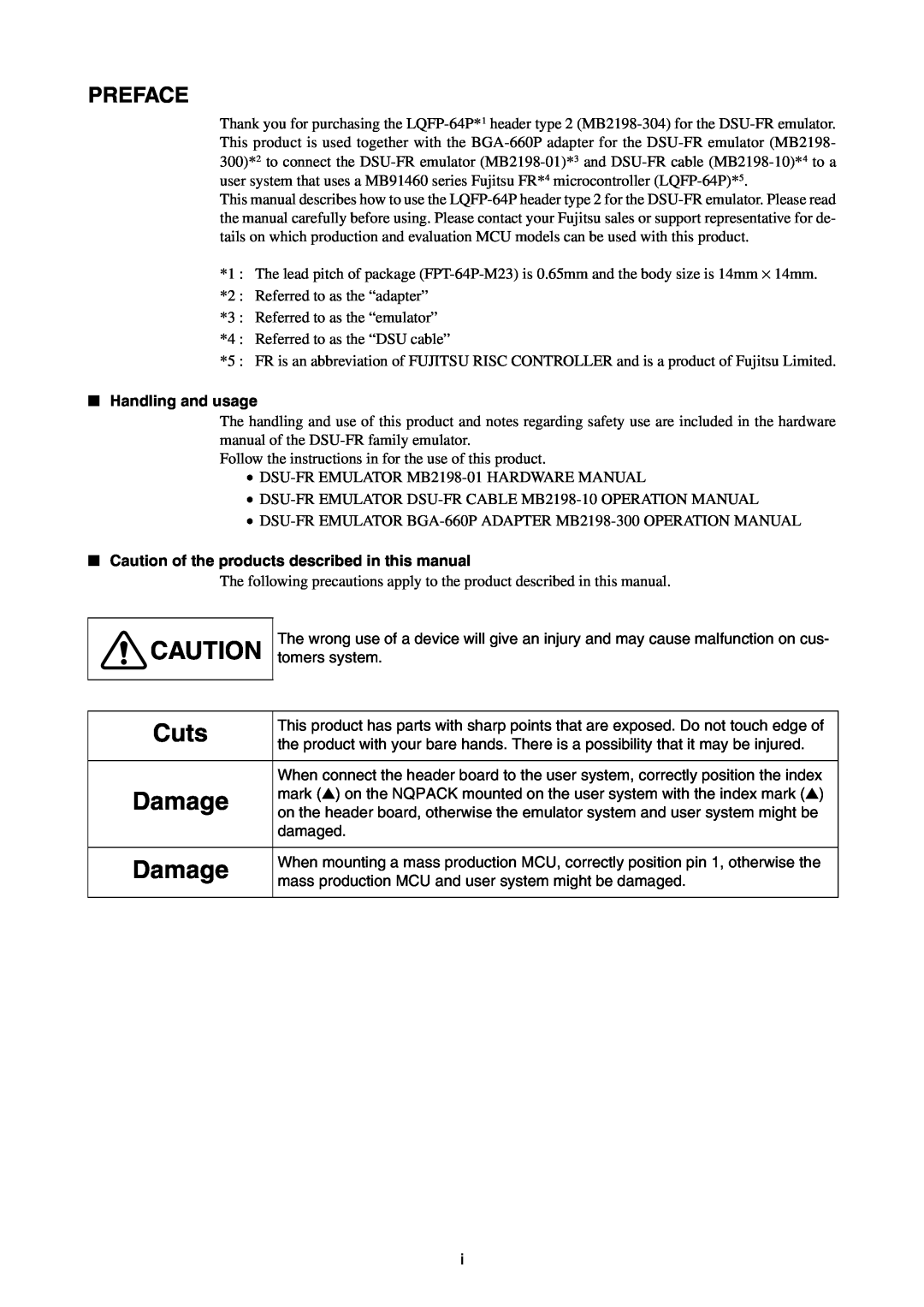 Fujitsu LQFP-64P Preface, Handling and usage, Caution of the products described in this manual, Cuts, Damage 
