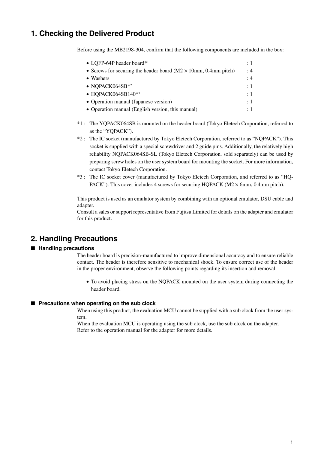 Fujitsu LQFP-64P operation manual Checking the Delivered Product, Handling Precautions, Handling precautions 