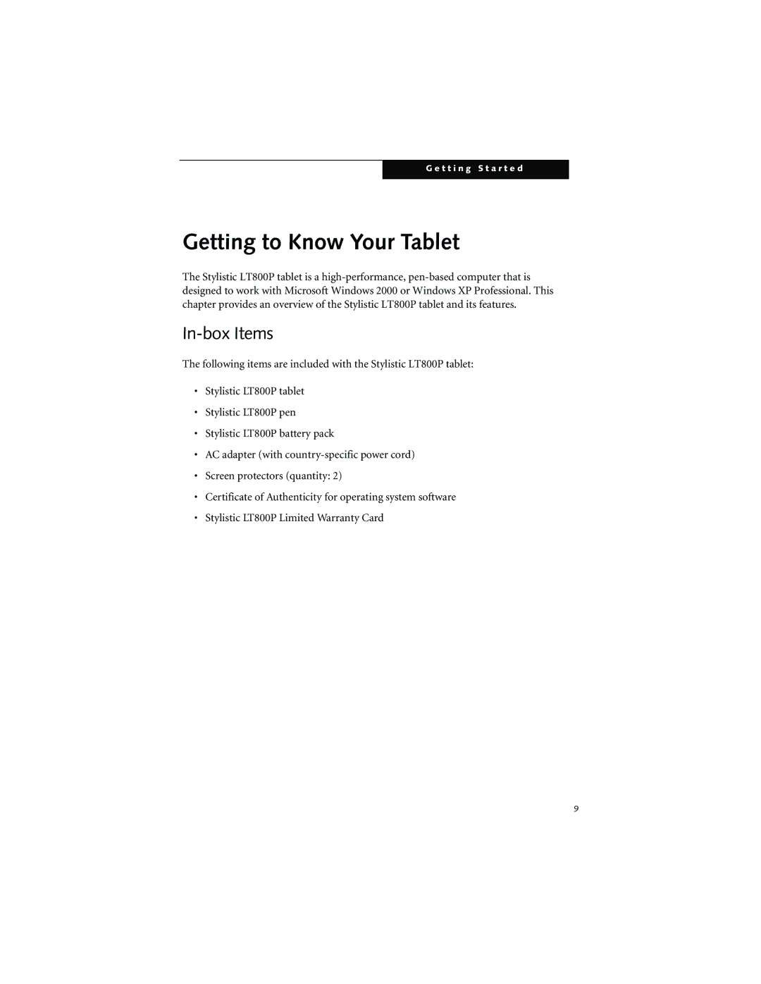 Fujitsu LT800P warranty Getting to Know Your Tablet, In-box Items 