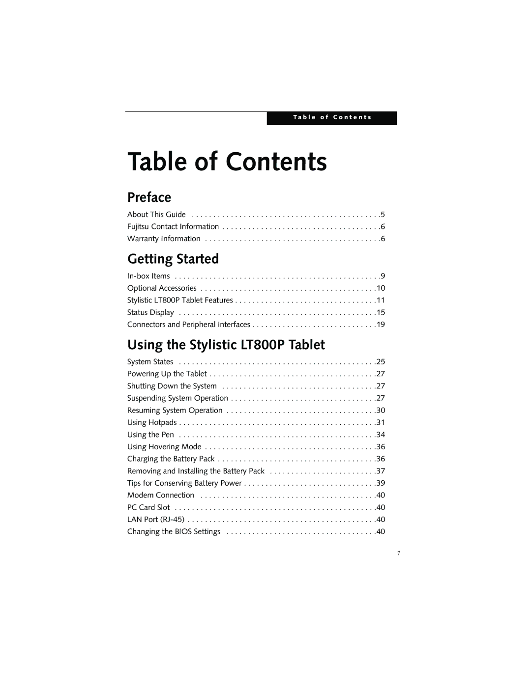 Fujitsu LT800P warranty Table of Contents 