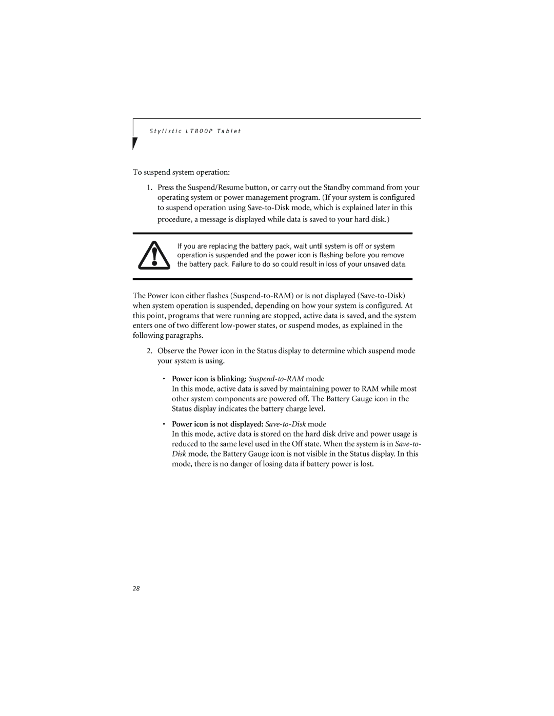 Fujitsu LT800P warranty Power icon is blinking Suspend-to-RAMmode 