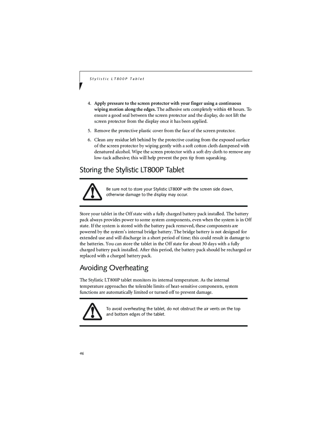 Fujitsu warranty Storing the Stylistic LT800P Tablet, Avoiding Overheating 