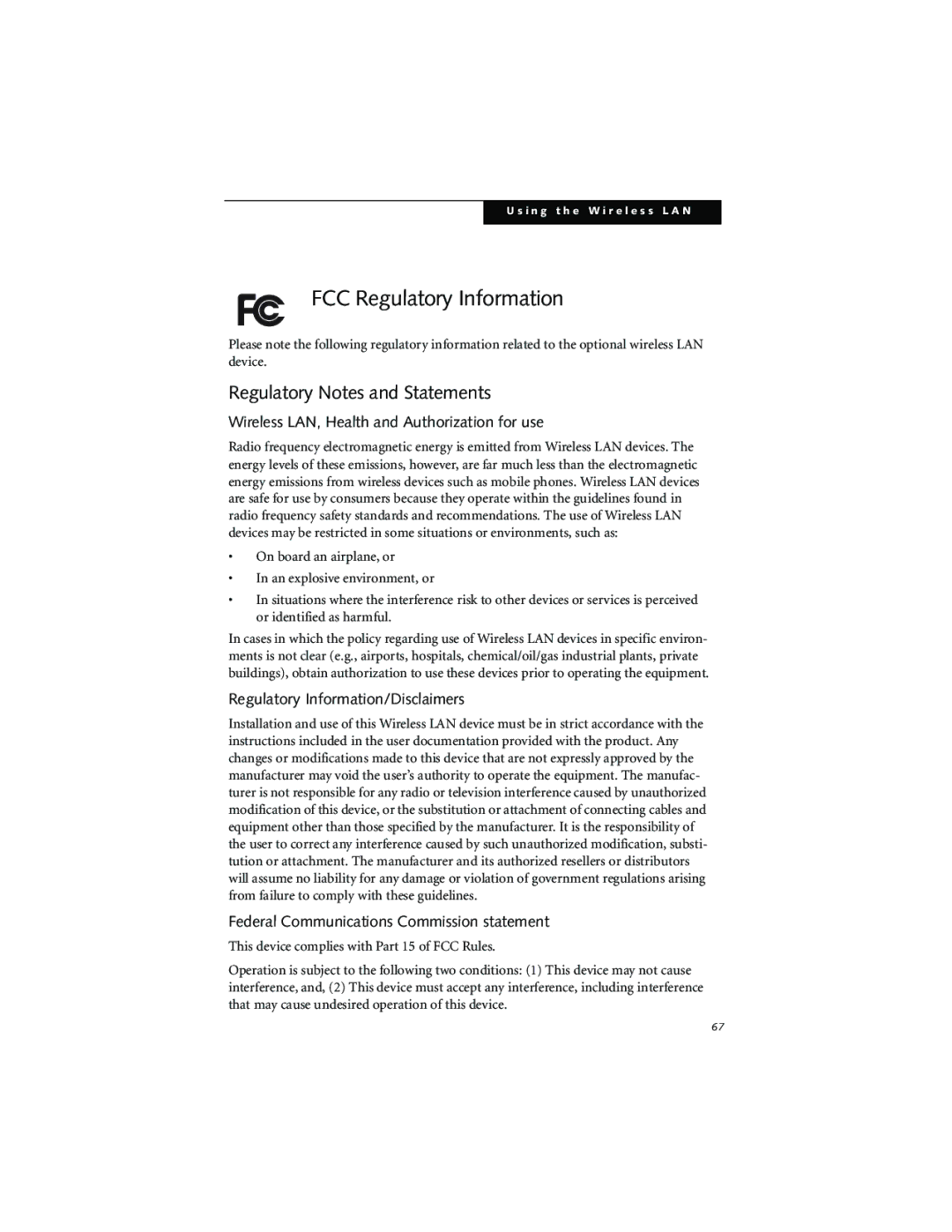 Fujitsu LT800P FCC Regulatory Information, Regulatory Notes and Statements, Wireless LAN, Health and Authorization for use 