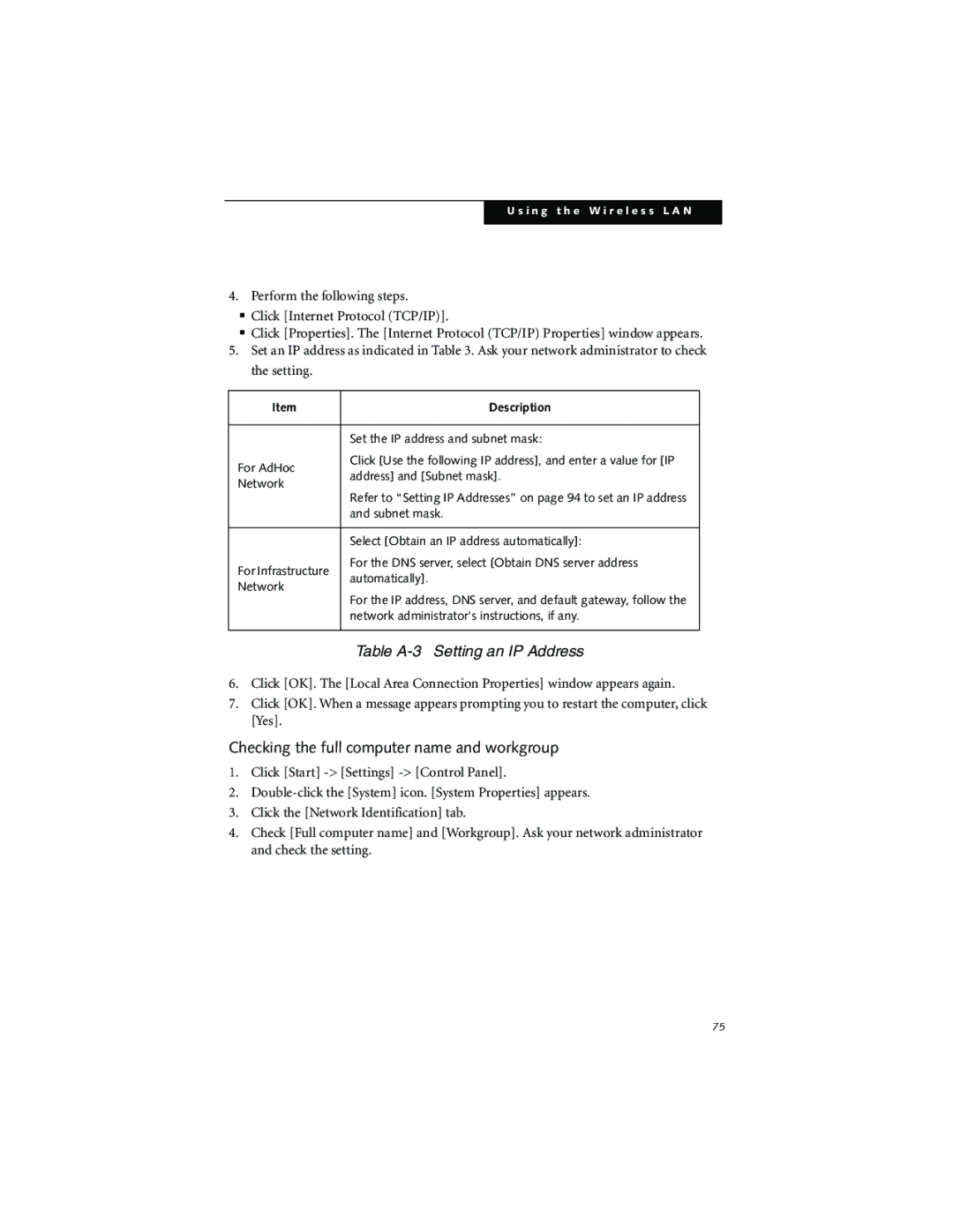 Fujitsu LT800P warranty Table A-3 Setting an IP Address, Checking the full computer name and workgroup 