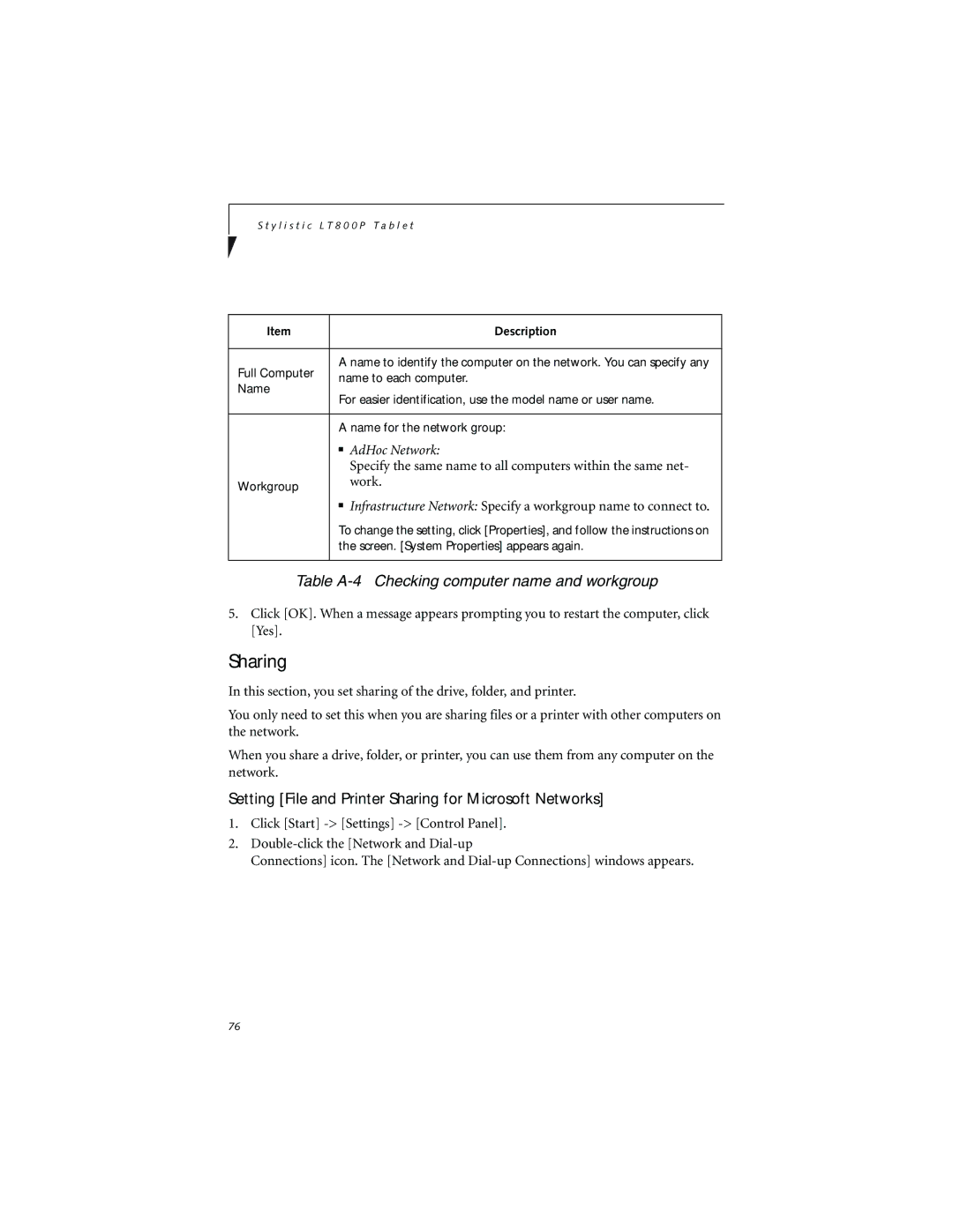 Fujitsu LT800P warranty Sharing, Table A-4 Checking computer name and workgroup 