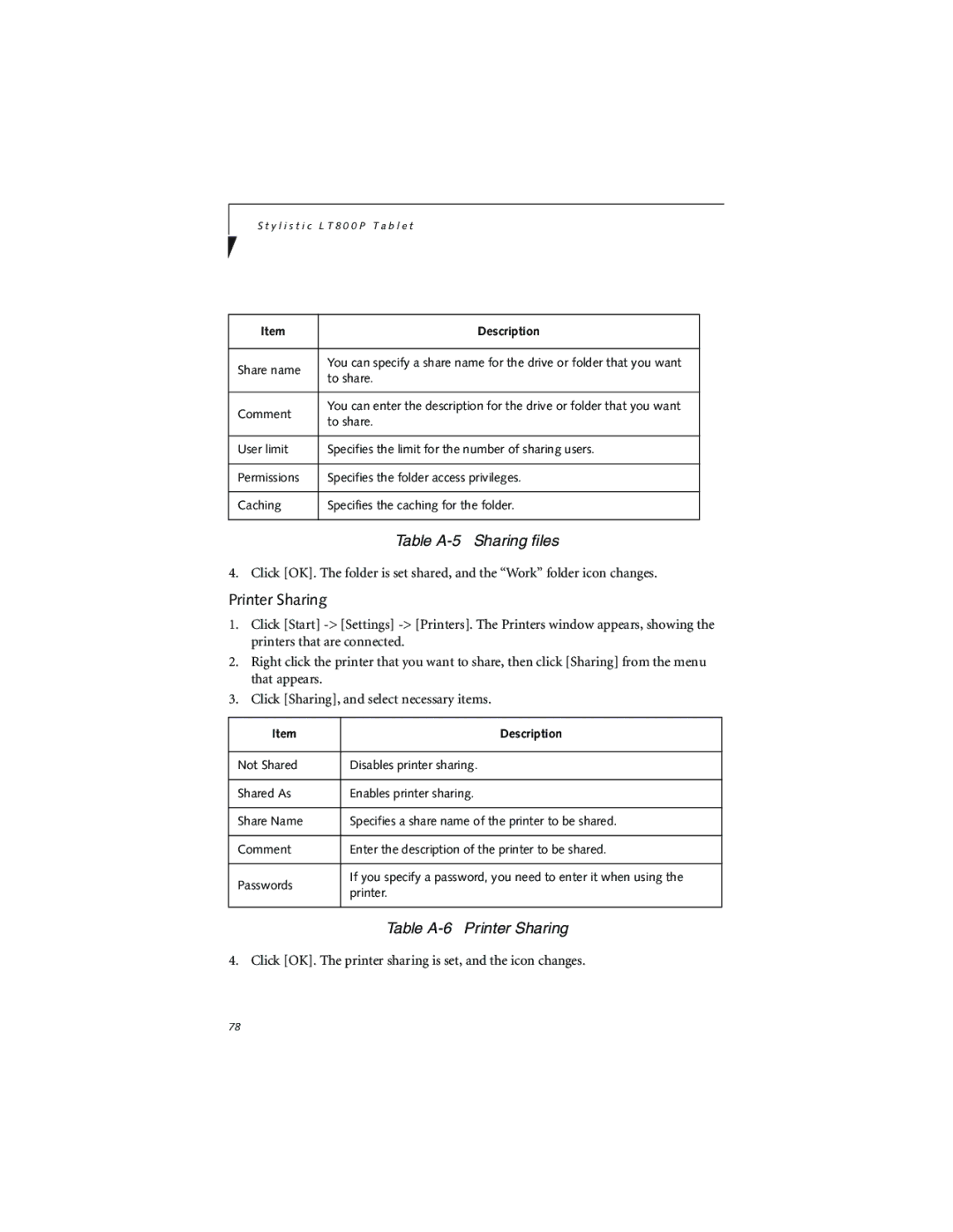 Fujitsu LT800P warranty Table A-5 Sharing files, Table A-6 Printer Sharing 