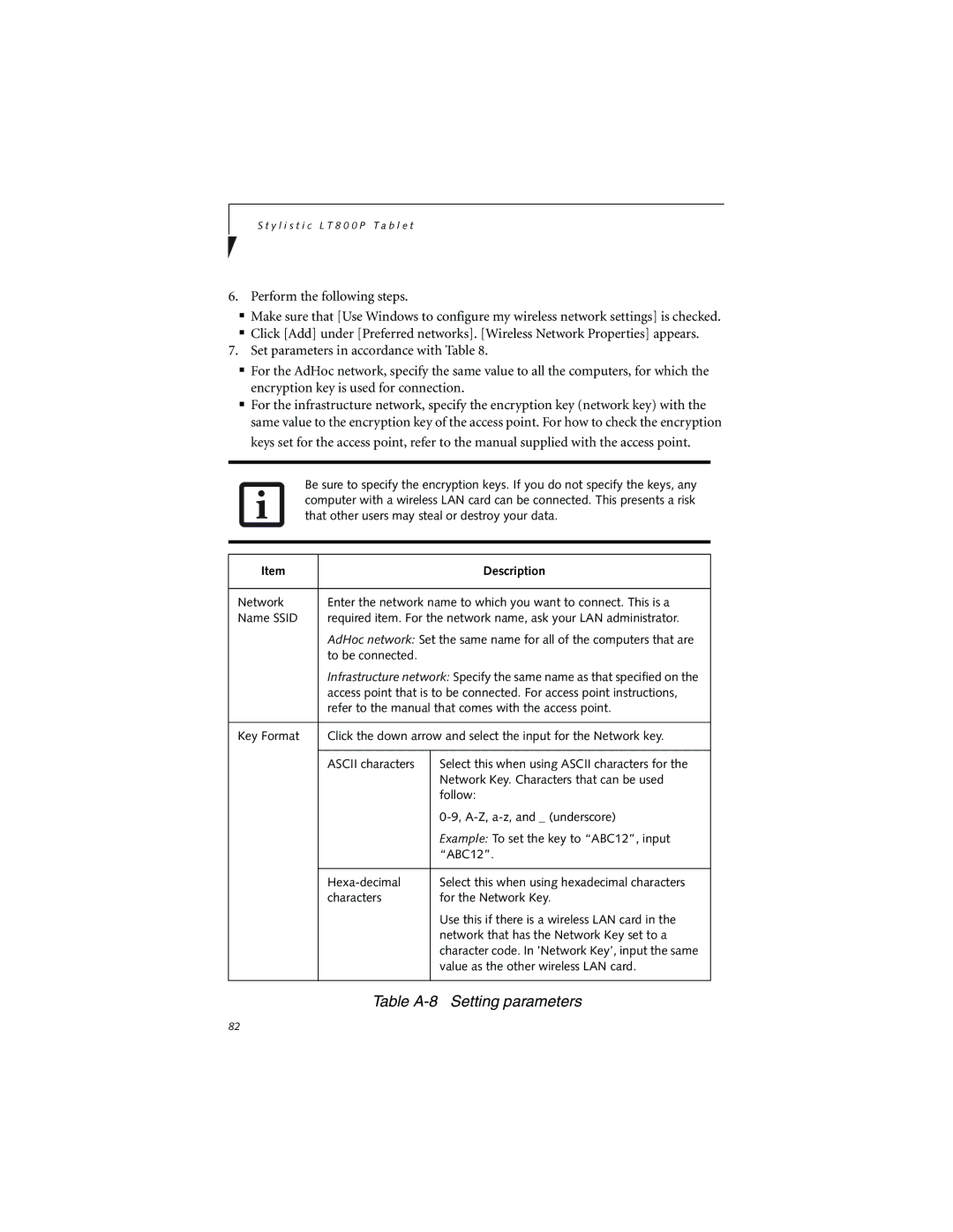 Fujitsu LT800P warranty Table A-8 Setting parameters 