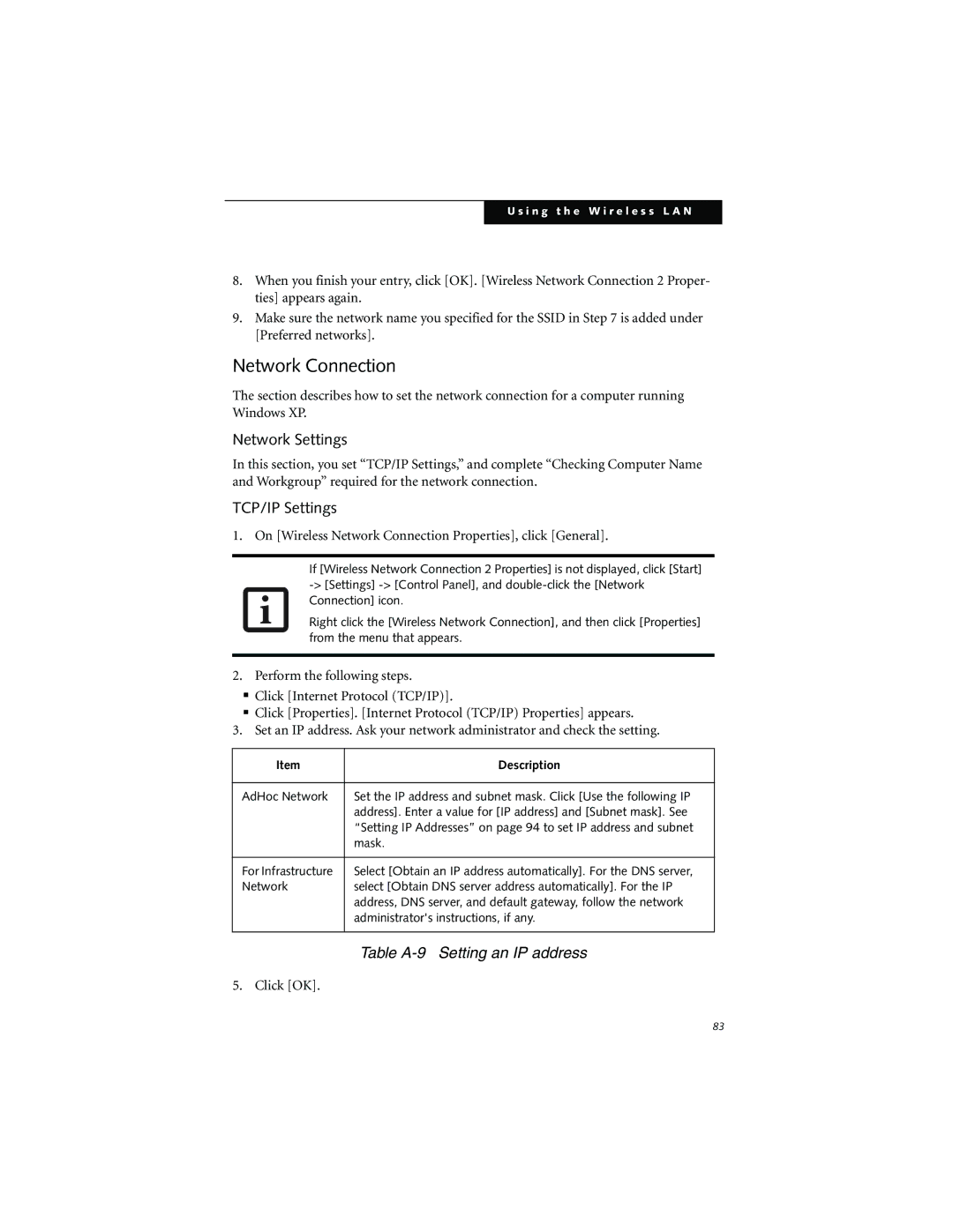 Fujitsu LT800P warranty Network Connection, Network Settings, Table A-9 Setting an IP address 