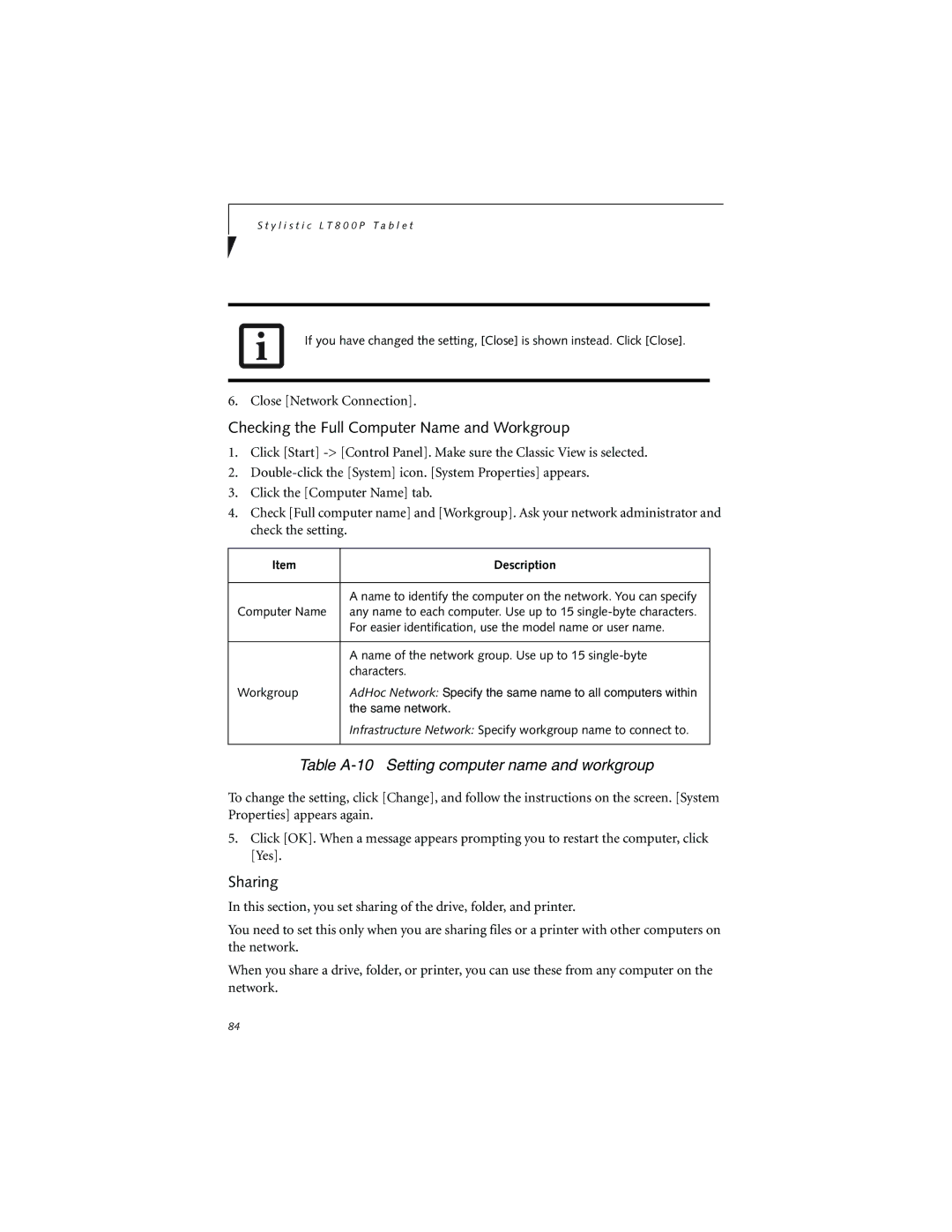 Fujitsu LT800P warranty Table A-10 Setting computer name and workgroup, Sharing 