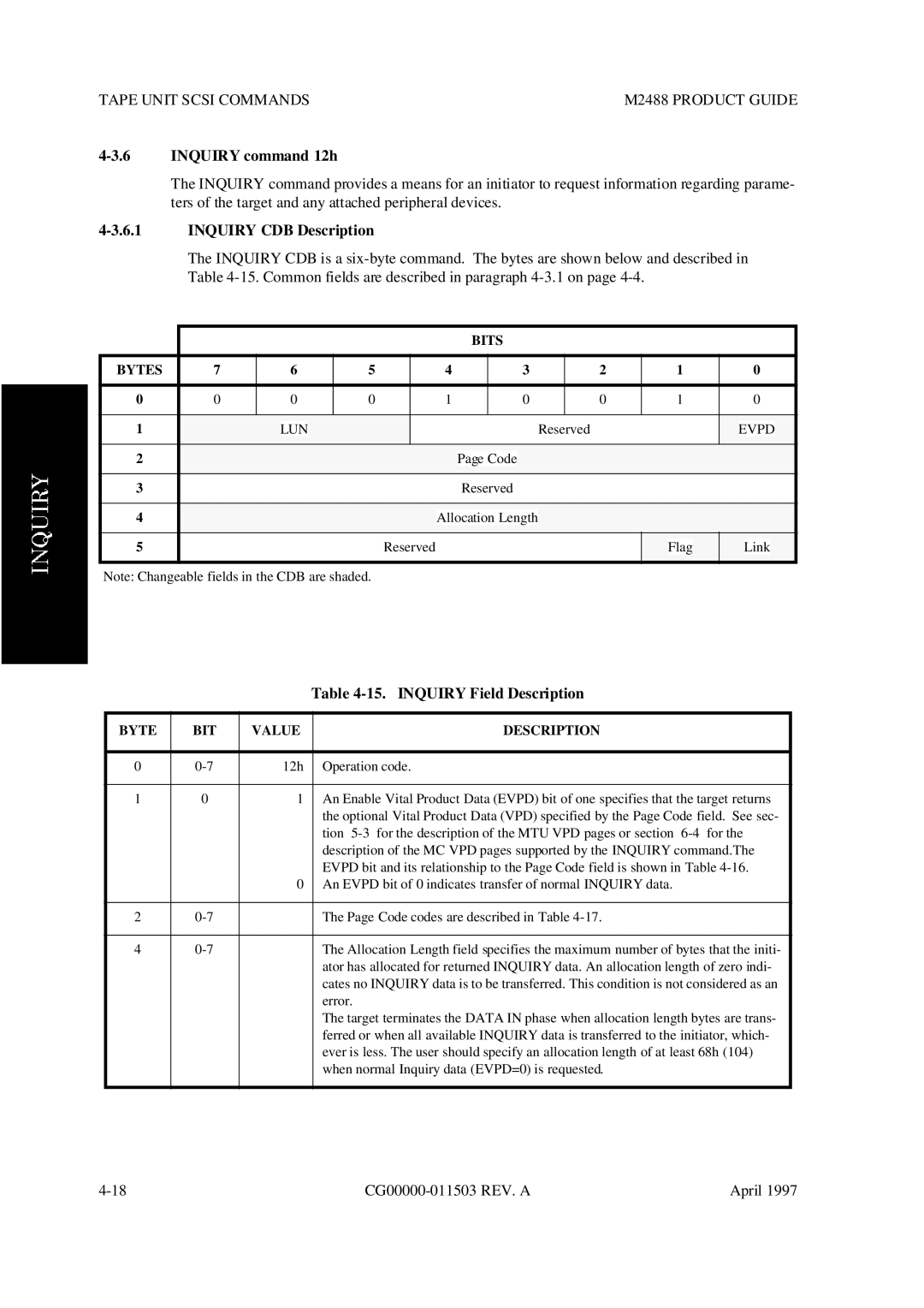 Fujitsu M2488 manual Inquiry command 12h, Inquiry CDB Description, Inquiry Field Description, Evpd 