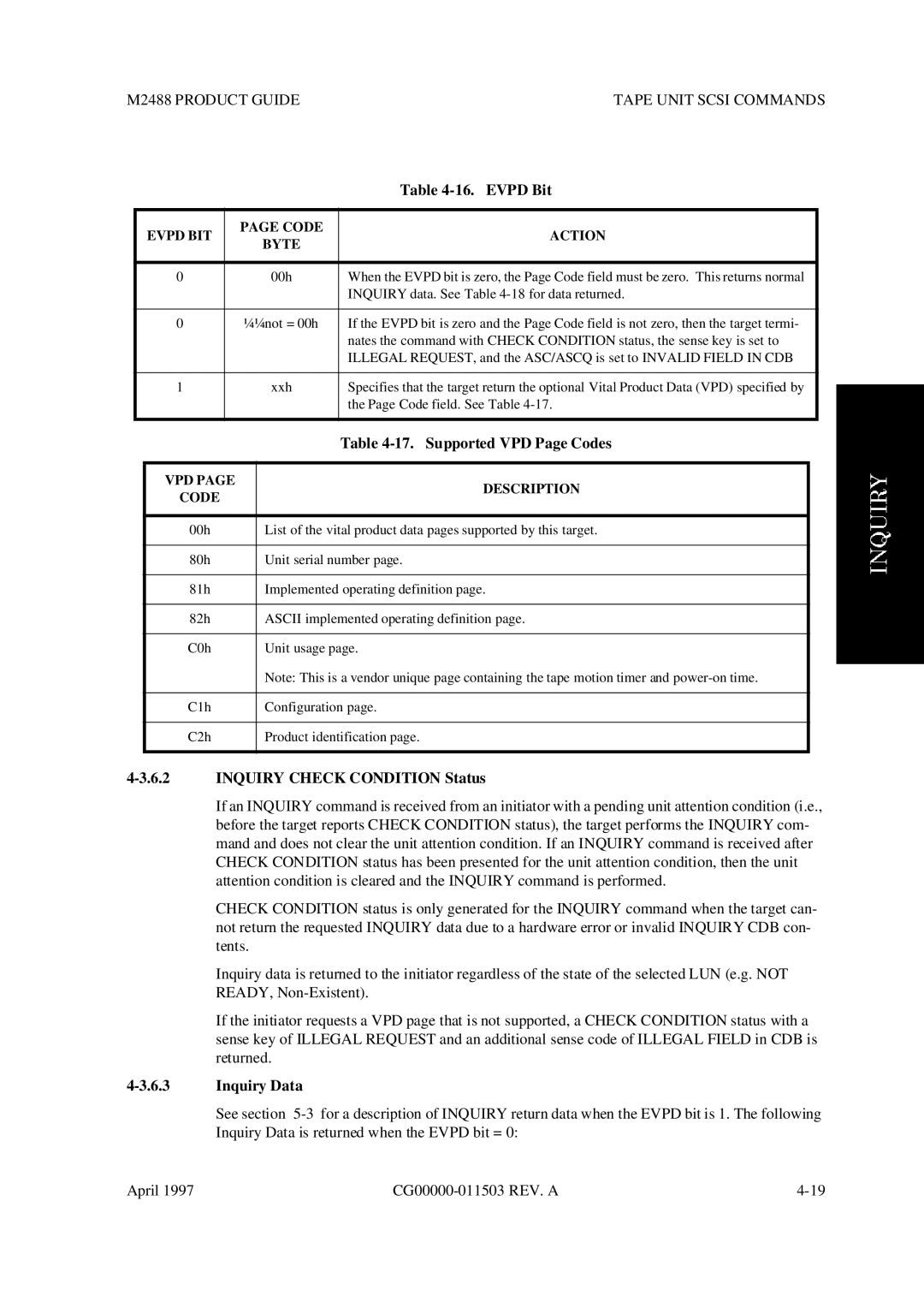 Fujitsu M2488 manual Evpd Bit, Supported VPD Page Codes, Inquiry Check Condition Status, Inquiry Data 