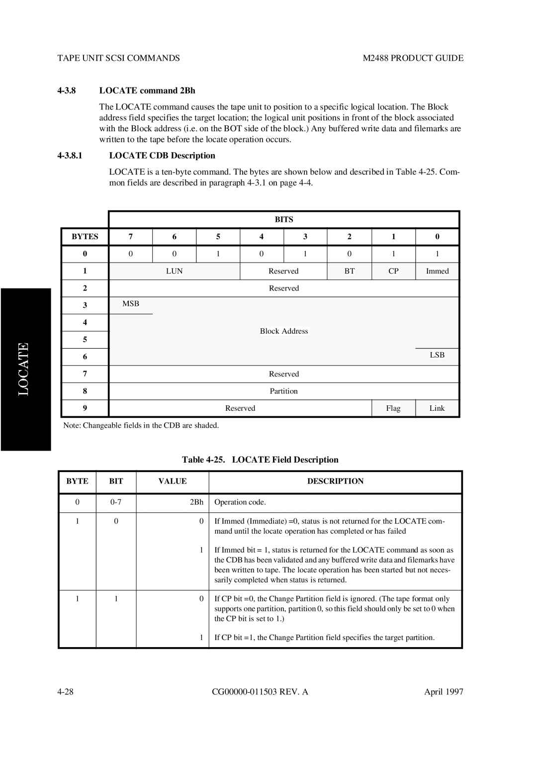 Fujitsu M2488 manual Locate command 2Bh, Locate CDB Description, Locate Field Description, Lsb 