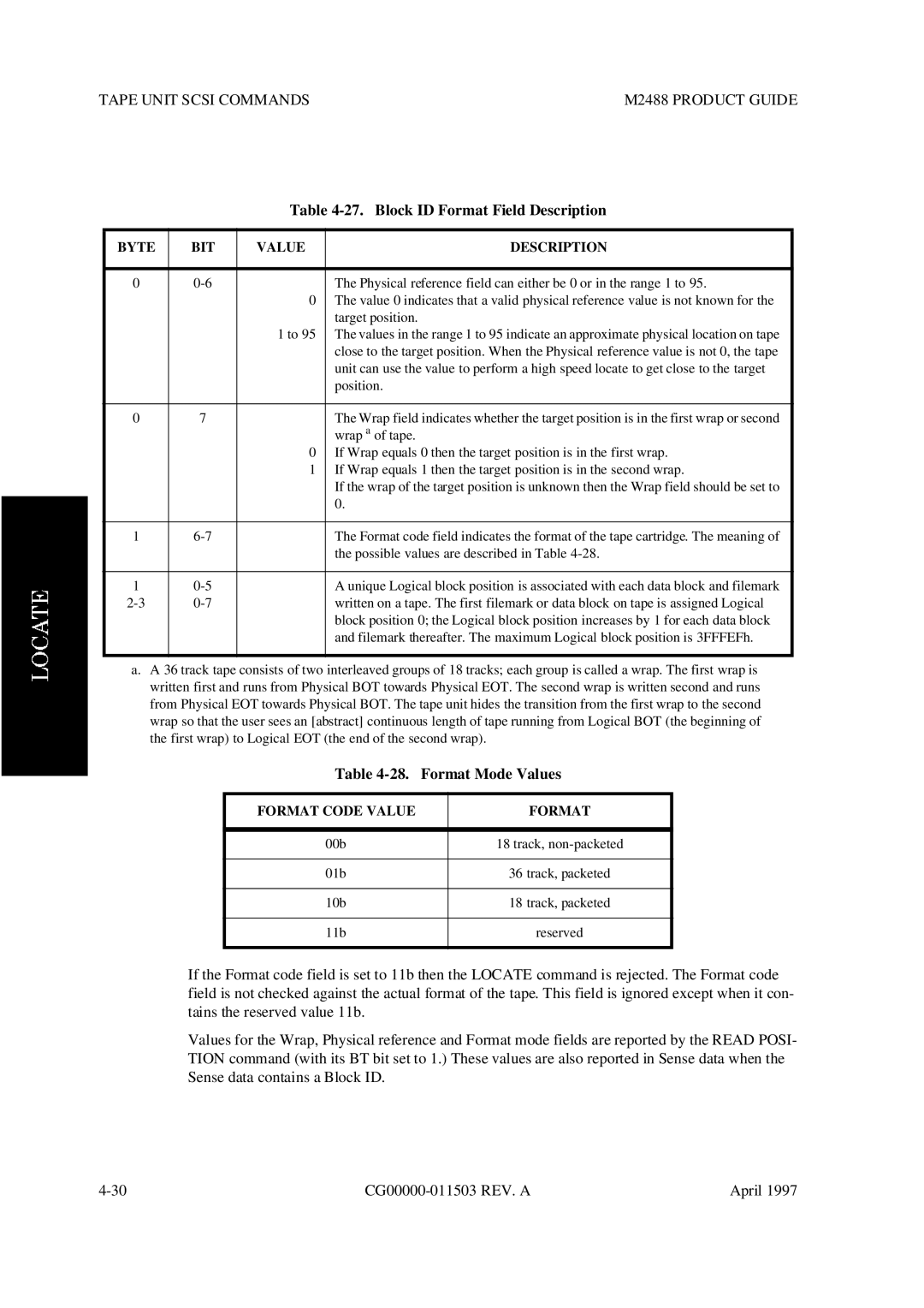 Fujitsu M2488 manual Block ID Format Field Description, Format Mode Values, Format Code Value 