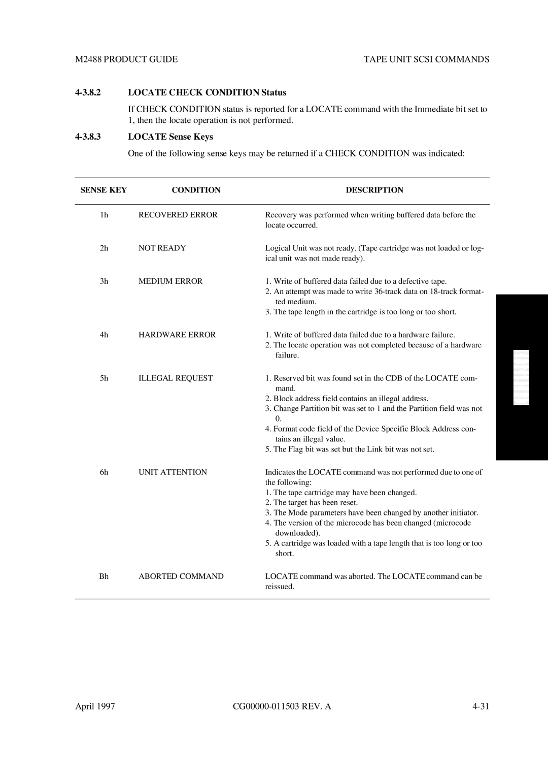 Fujitsu M2488 manual Locate Check Condition Status, Locate Sense Keys 