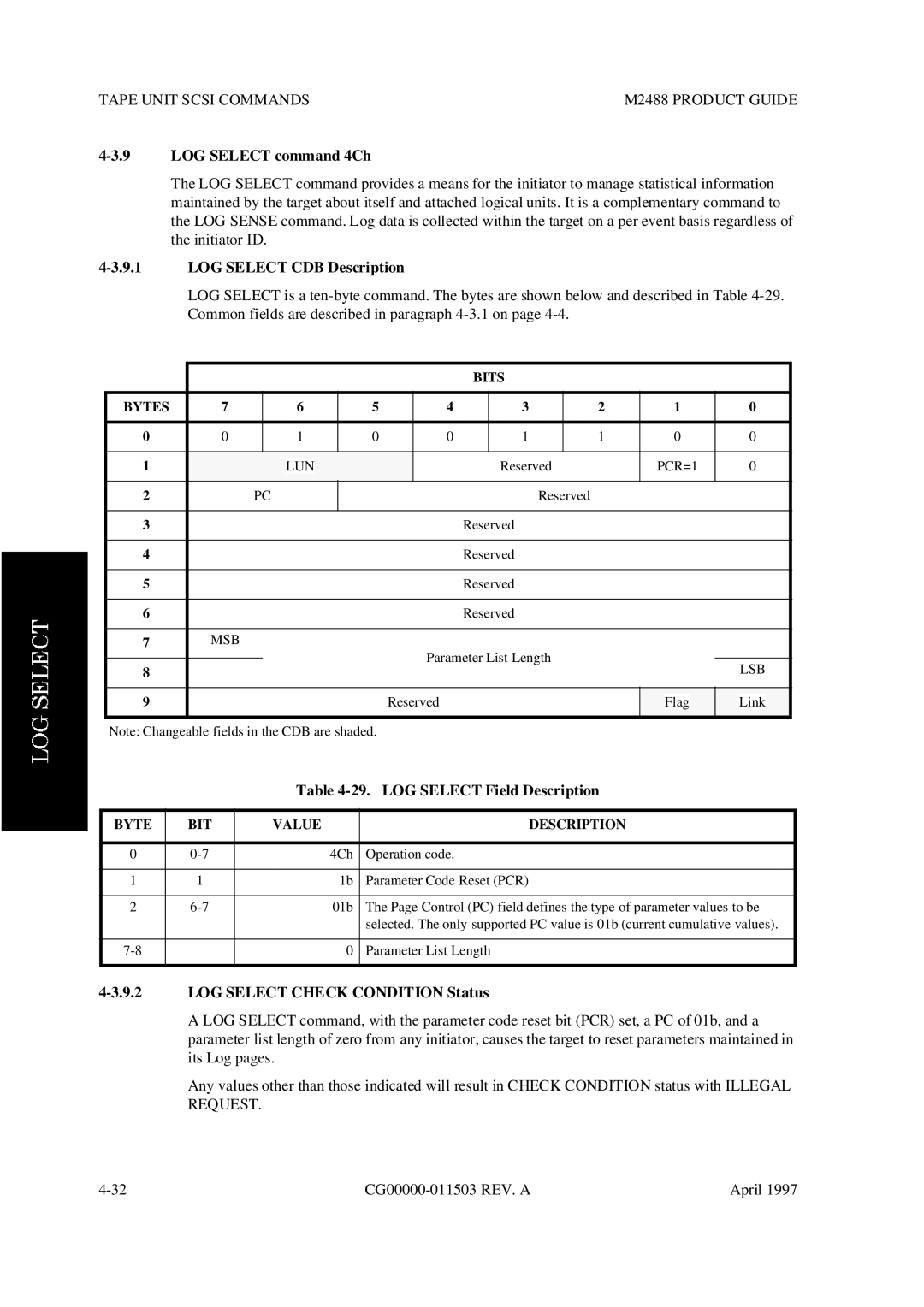 Fujitsu M2488 manual LOG Select command 4Ch, LOG Select CDB Description, LOG Select Field Description, Lsb 