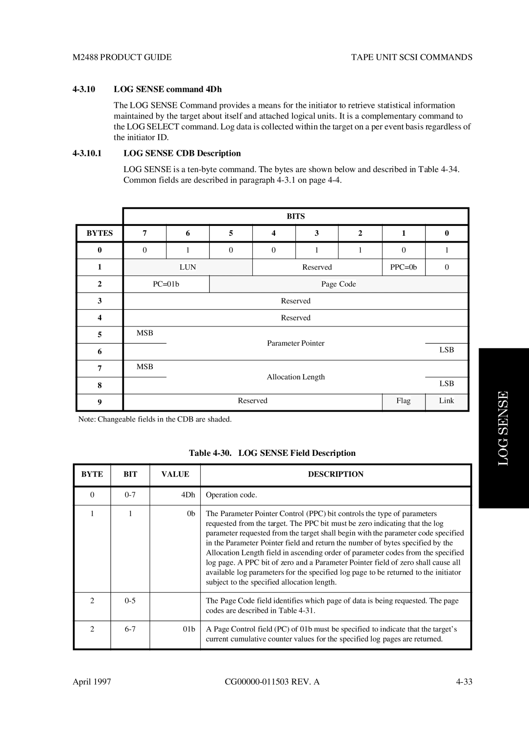 Fujitsu M2488 manual LOG Sense command 4Dh, LOG Sense CDB Description, LOG Sense Field Description 