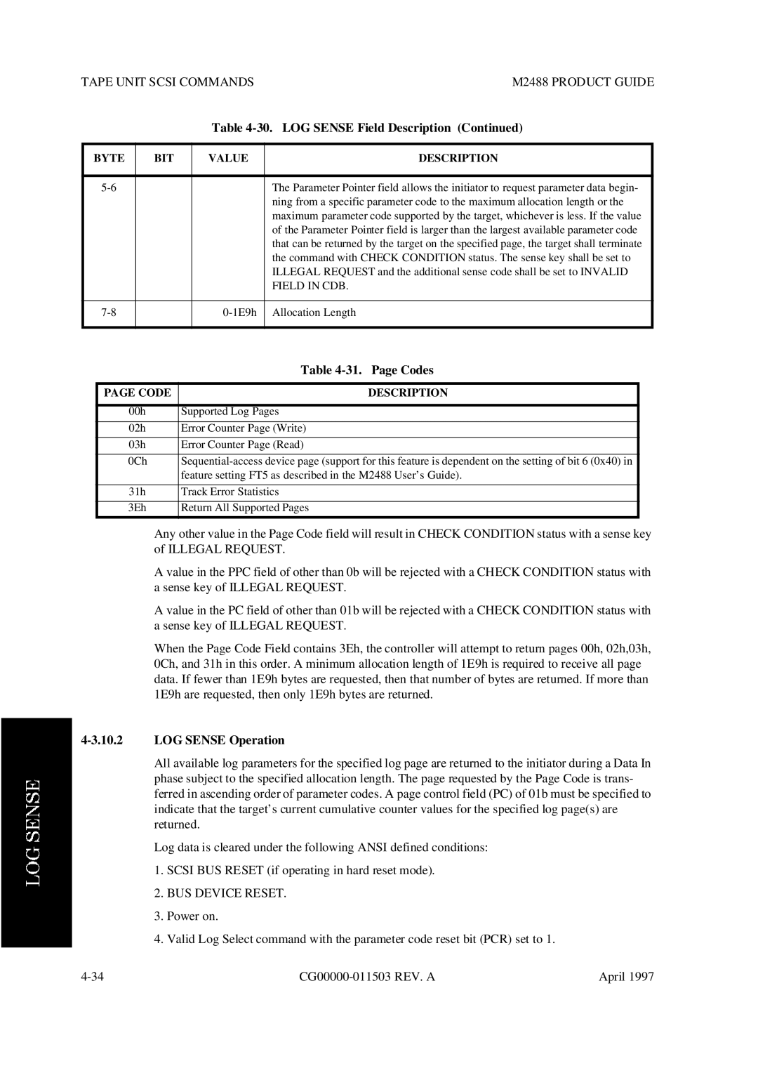 Fujitsu M2488 manual Page Codes, LOG Sense Operation, BUS Device Reset, Field in CDB 