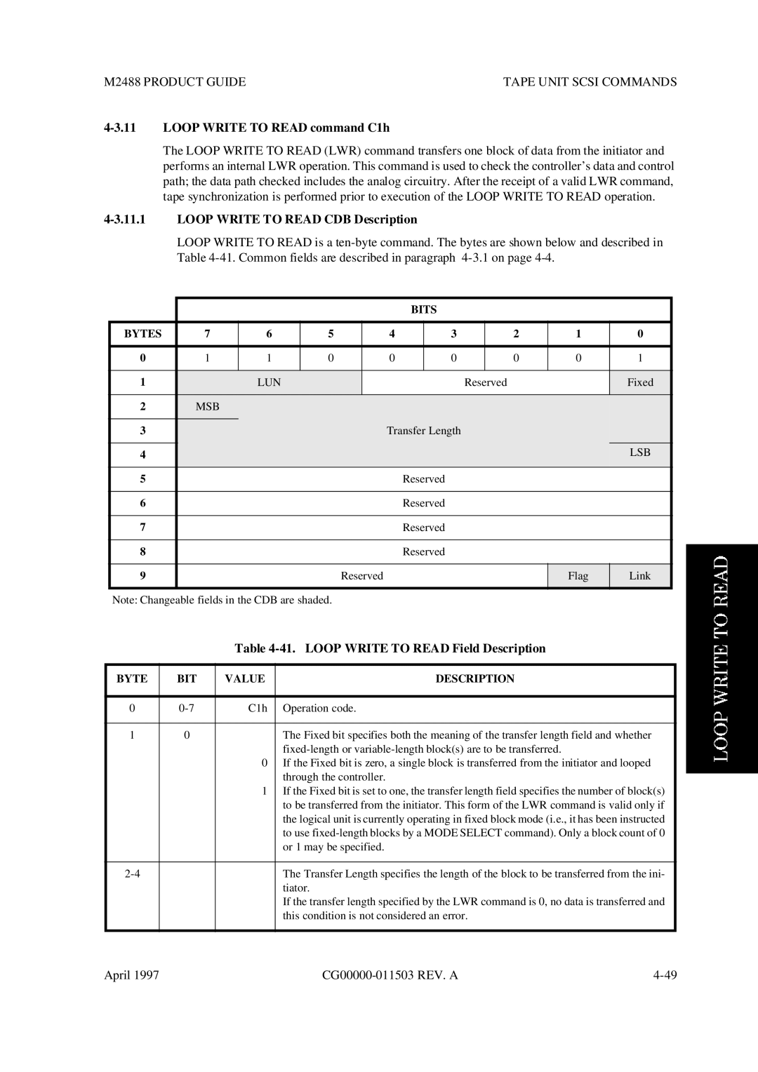 Fujitsu M2488 Loop Write to Read command C1h, Loop Write to Read CDB Description, Loop Write to Read Field Description 