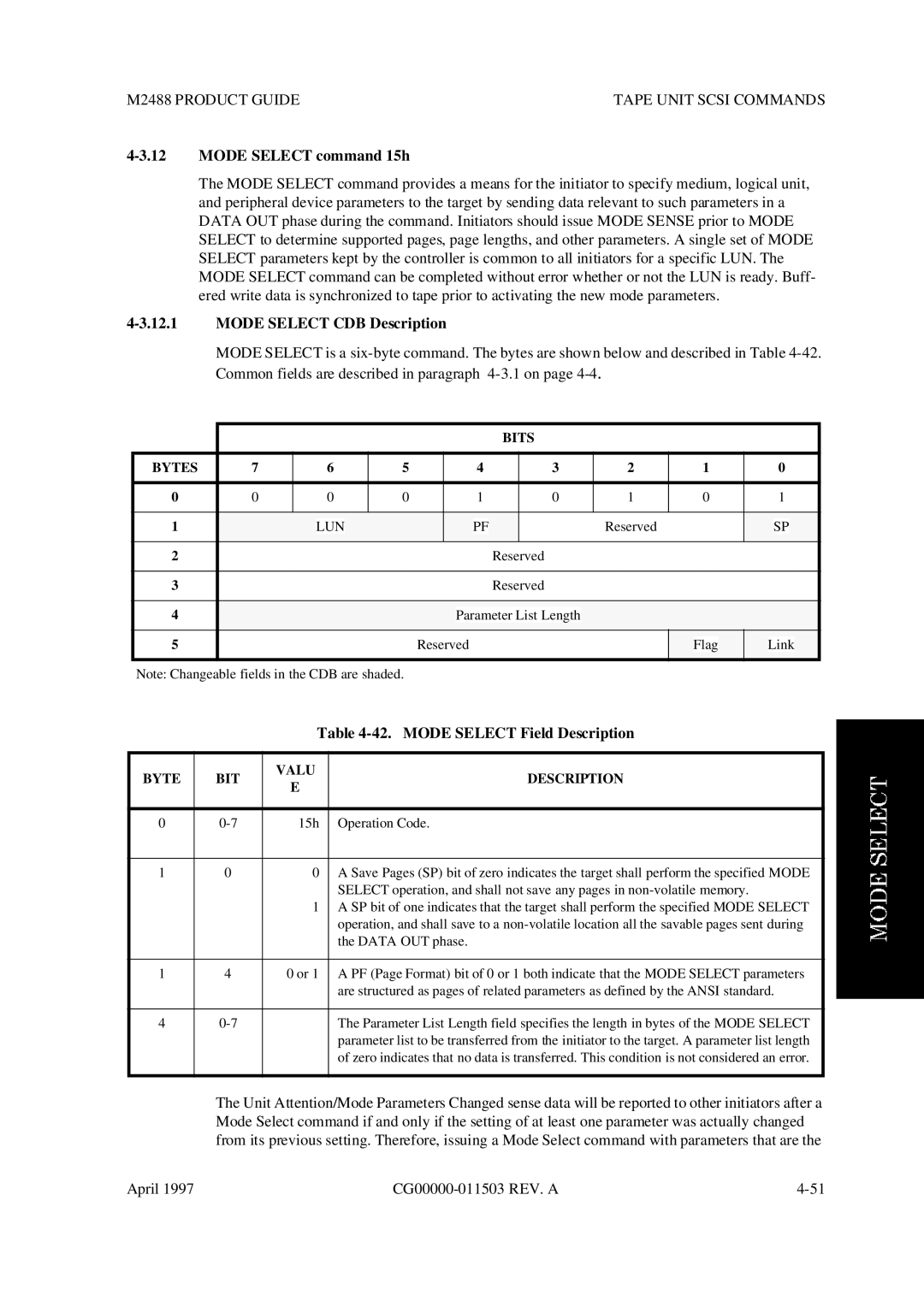 Fujitsu M2488 manual Mode Select command 15h, Mode Select CDB Description, Mode Select Field Description 