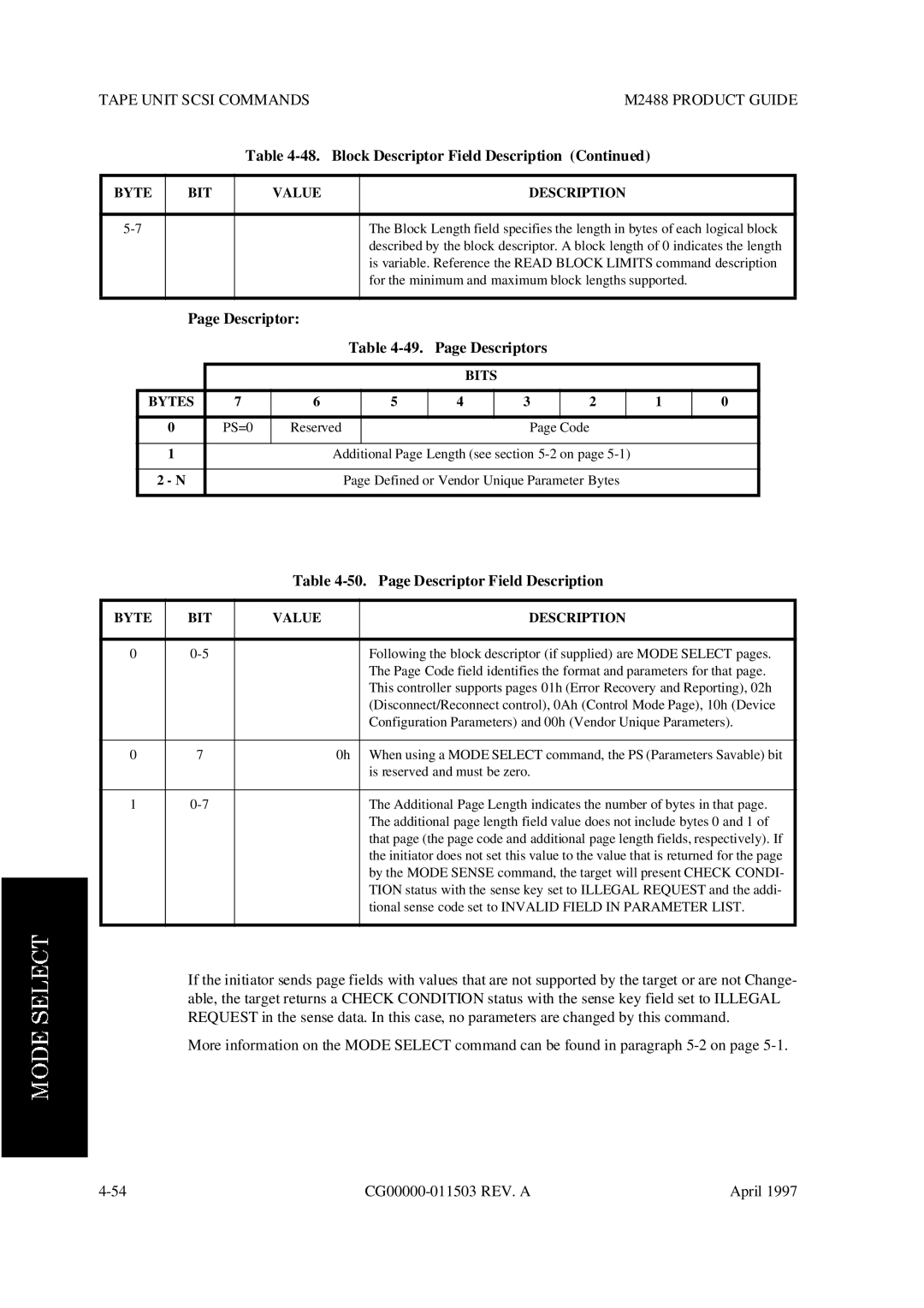 Fujitsu M2488 manual Block Descriptor Field Description, Descriptor 49. Page Descriptors, Page Descriptor Field Description 