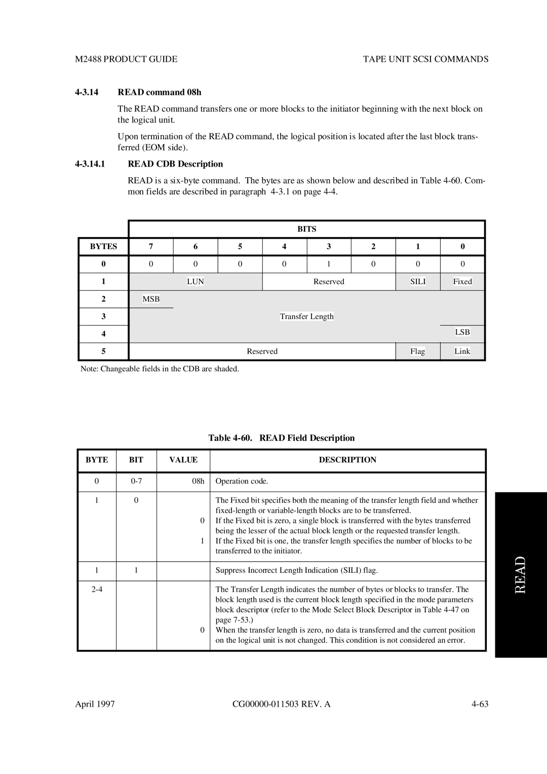 Fujitsu M2488 manual Read command 08h, Read CDB Description, Read Field Description, Sili 