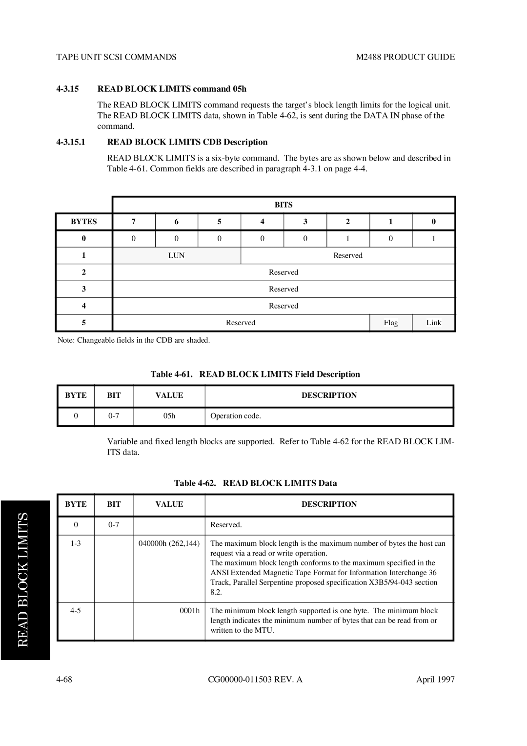 Fujitsu M2488 manual Read Block Limits command 05h, Read Block Limits CDB Description, Read Block Limits Field Description 